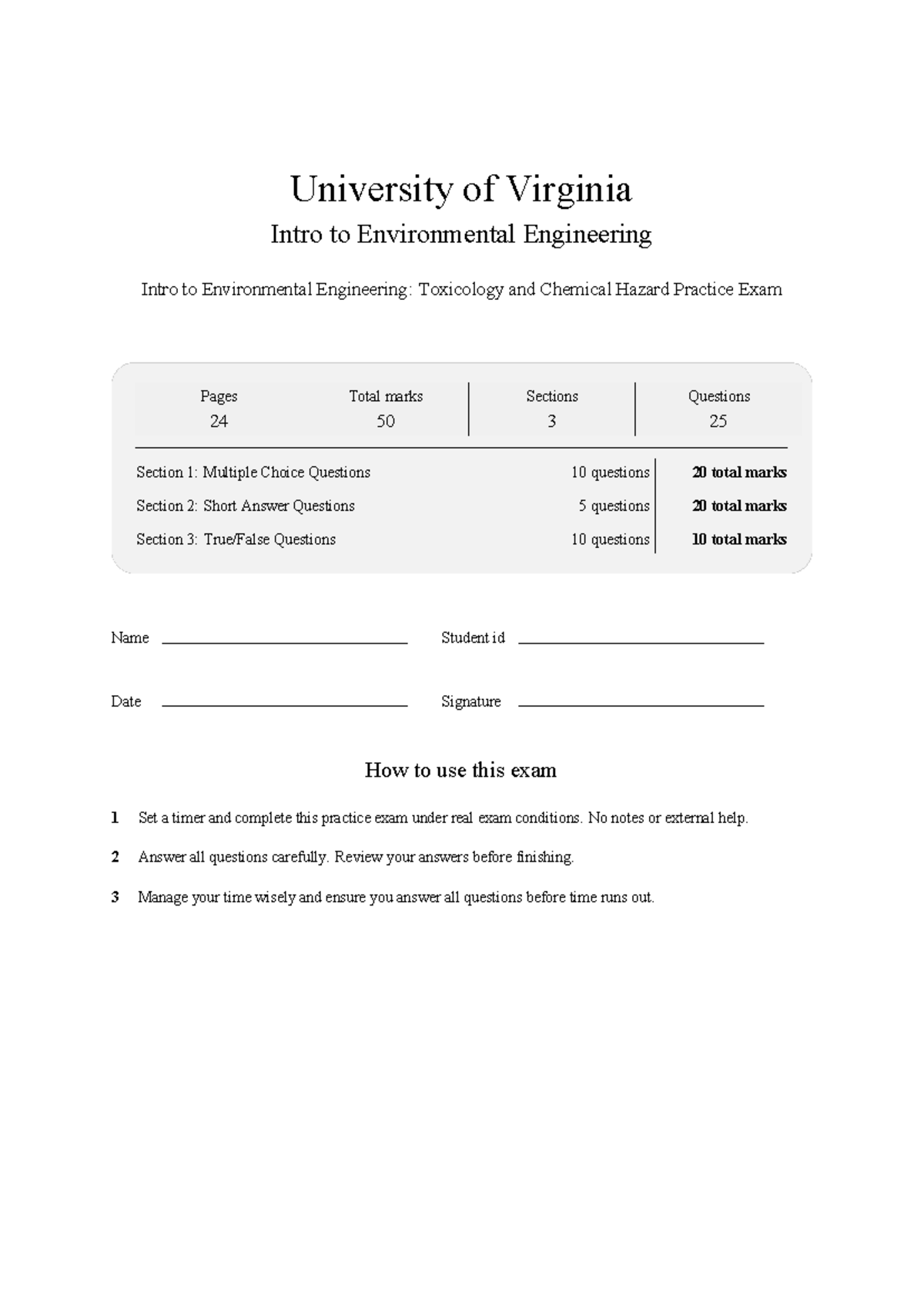CE2100 Intro to Environmental Engineering: Toxicology Practice Exam ...