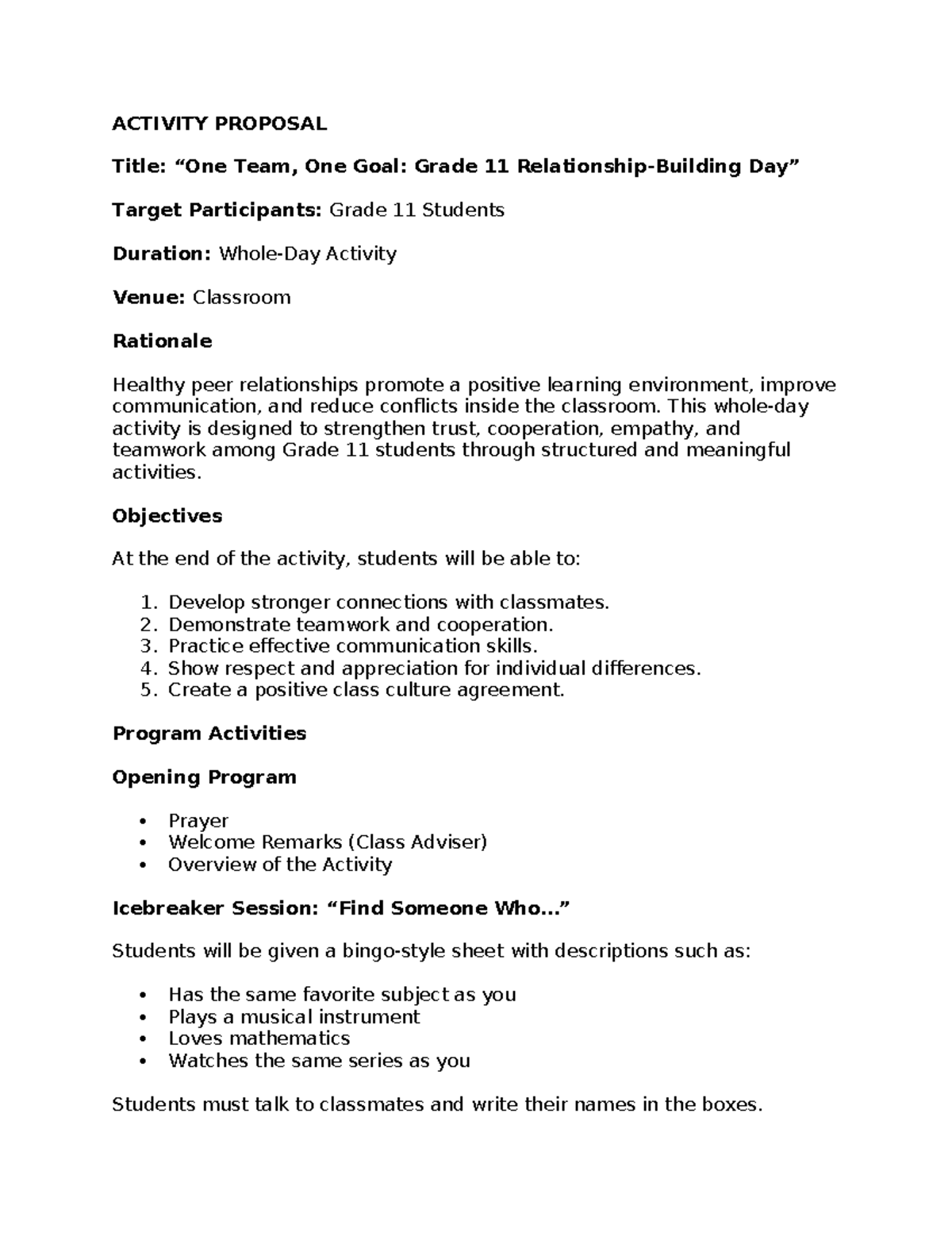 Grade 11 Team Building Activity Proposal: Strengthening Peer ...