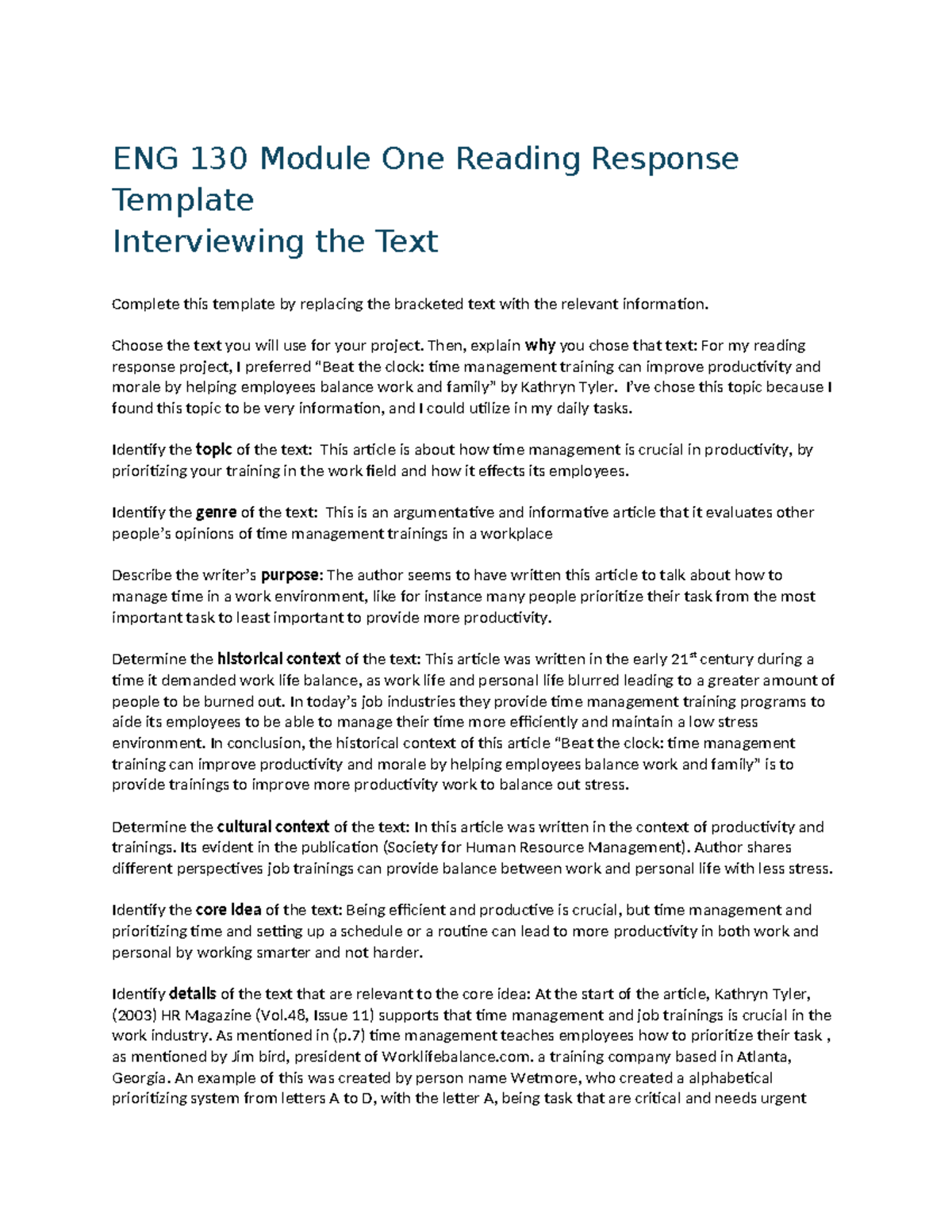 ENG 130 Module One Reading Response: Time Management Insights - Studocu