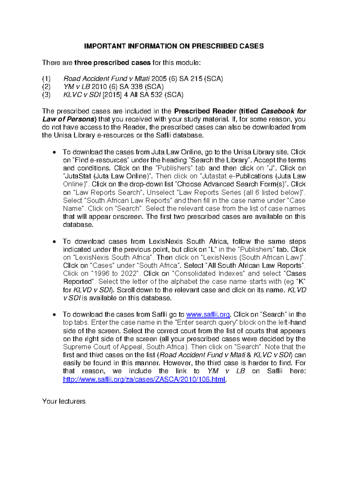 Prescribed Cases Access Guide for Course LAW101 - Important Info - Studocu
