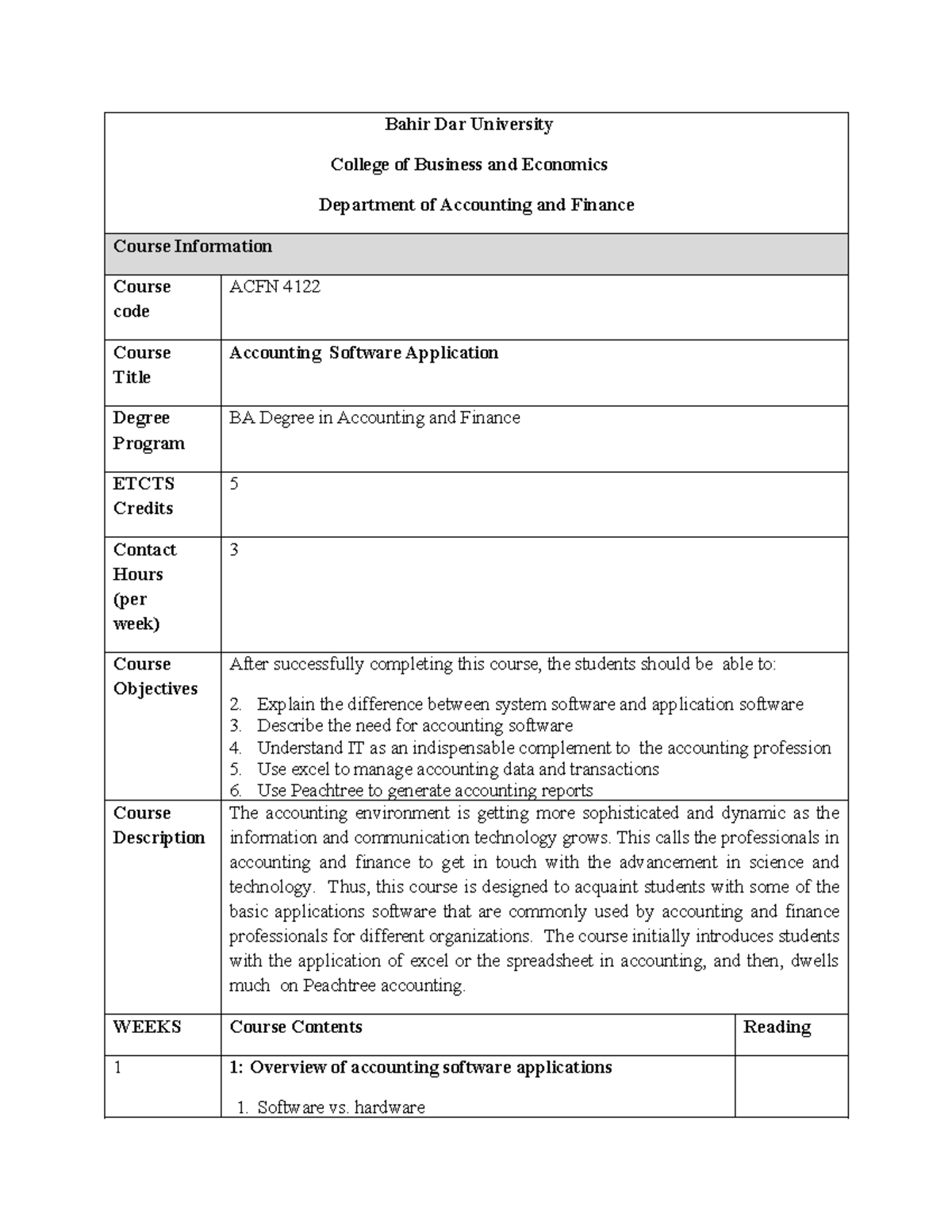 ACFN 4122: Accounting Software Application Course Overview and ...