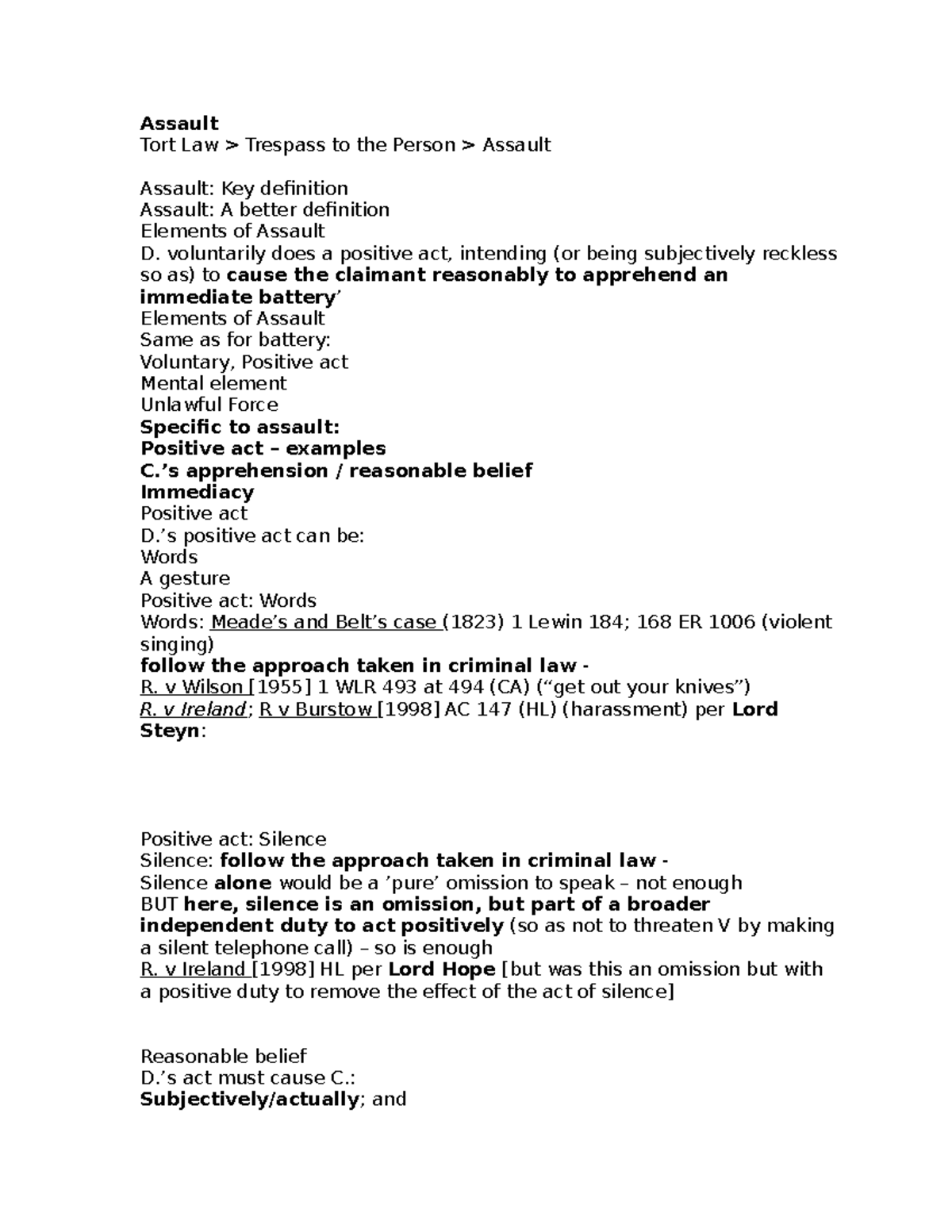 Assault - Lecture Notes 1: Key Elements and Case Studies - Studocu