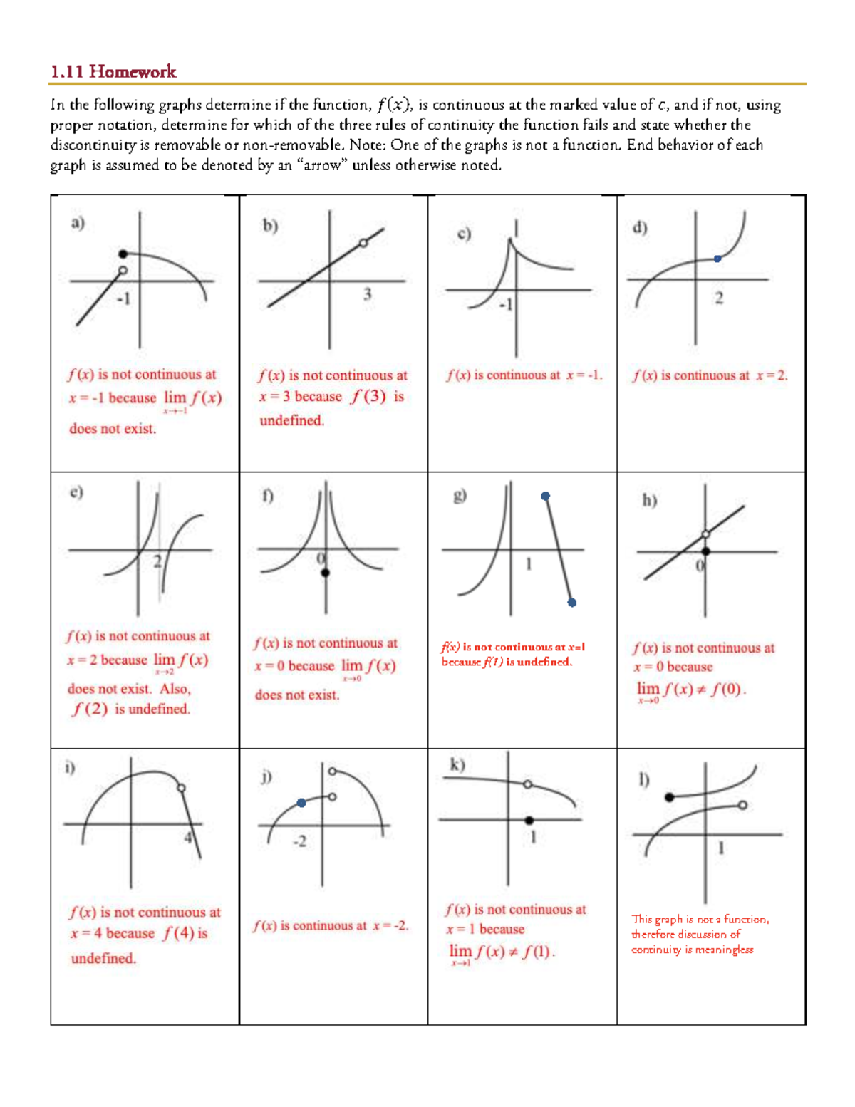 Math 101: Homework on Function Continuity and Discontinuities - 1 ...