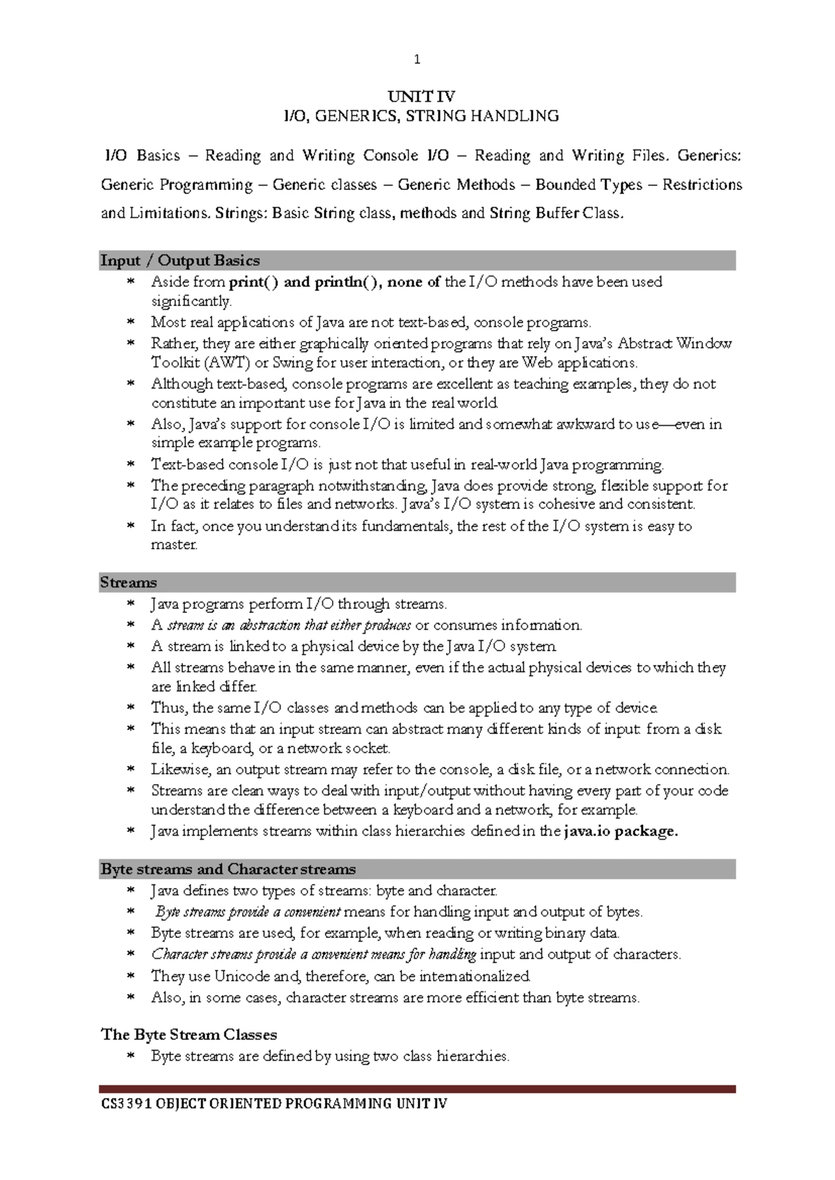 UNIT III - Exception Handling & Multithreading Notes - Studocu