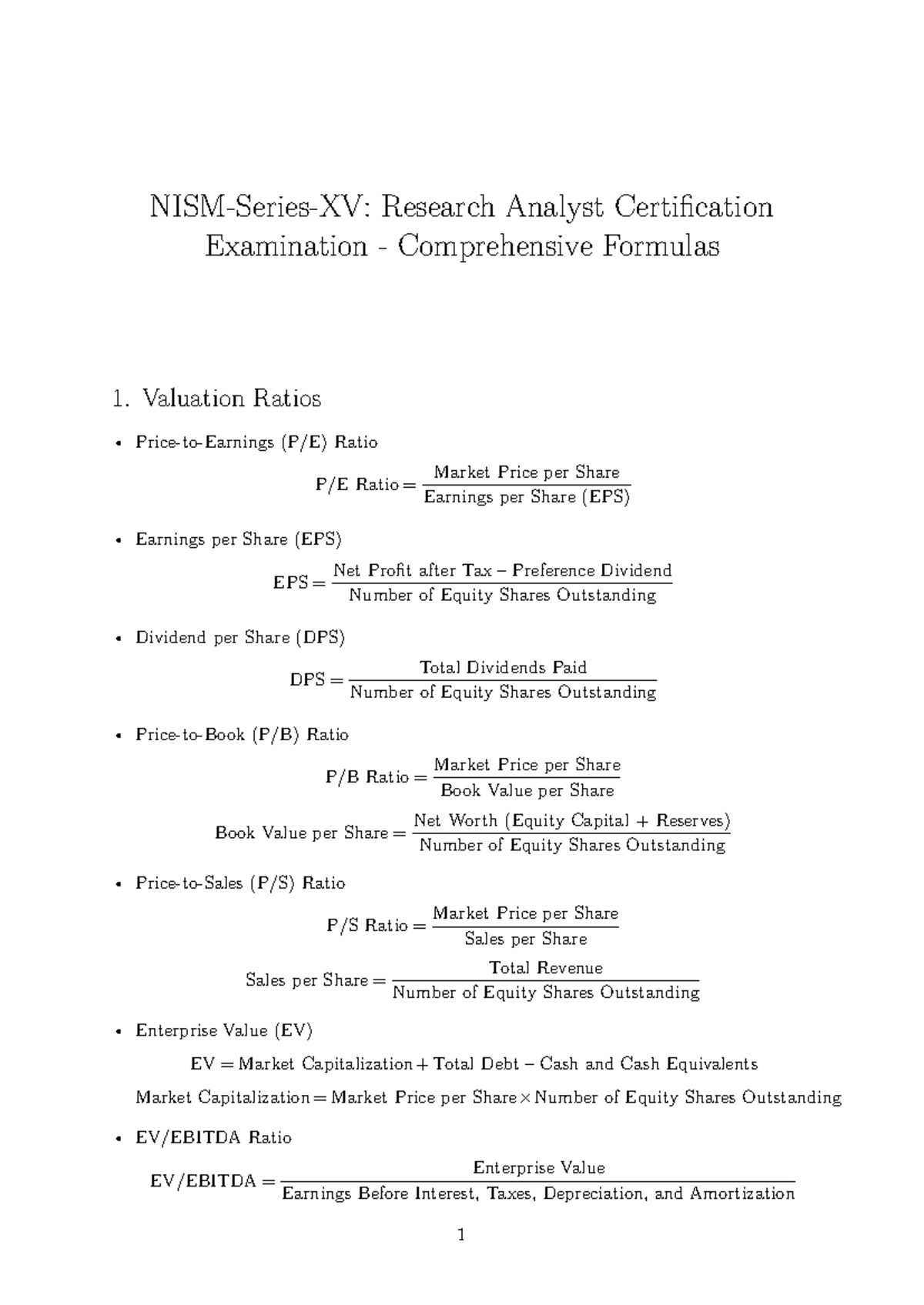 Research Analyst Certification Exam: Comprehensive Formula Sheet 2 ...