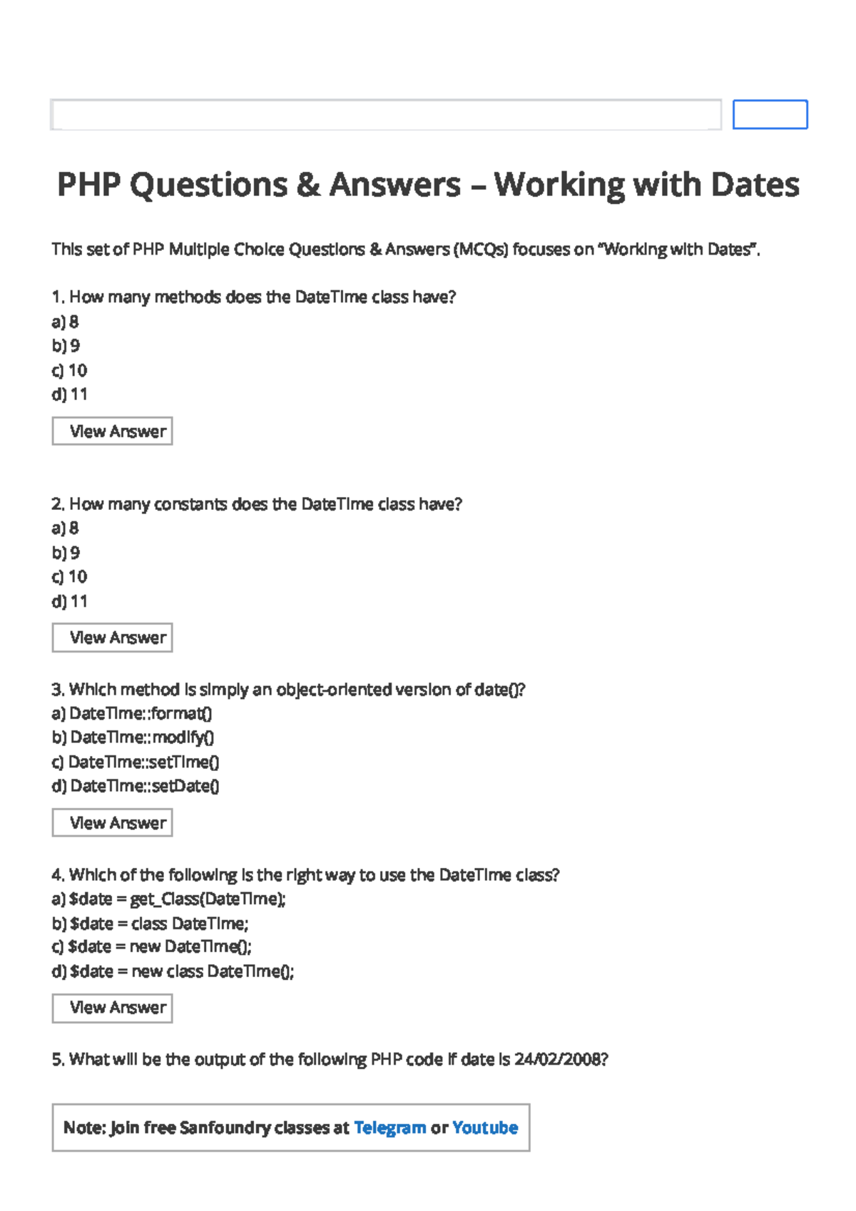 PHP MCQs on Working with Dates: DateTime Class Insights - Studocu