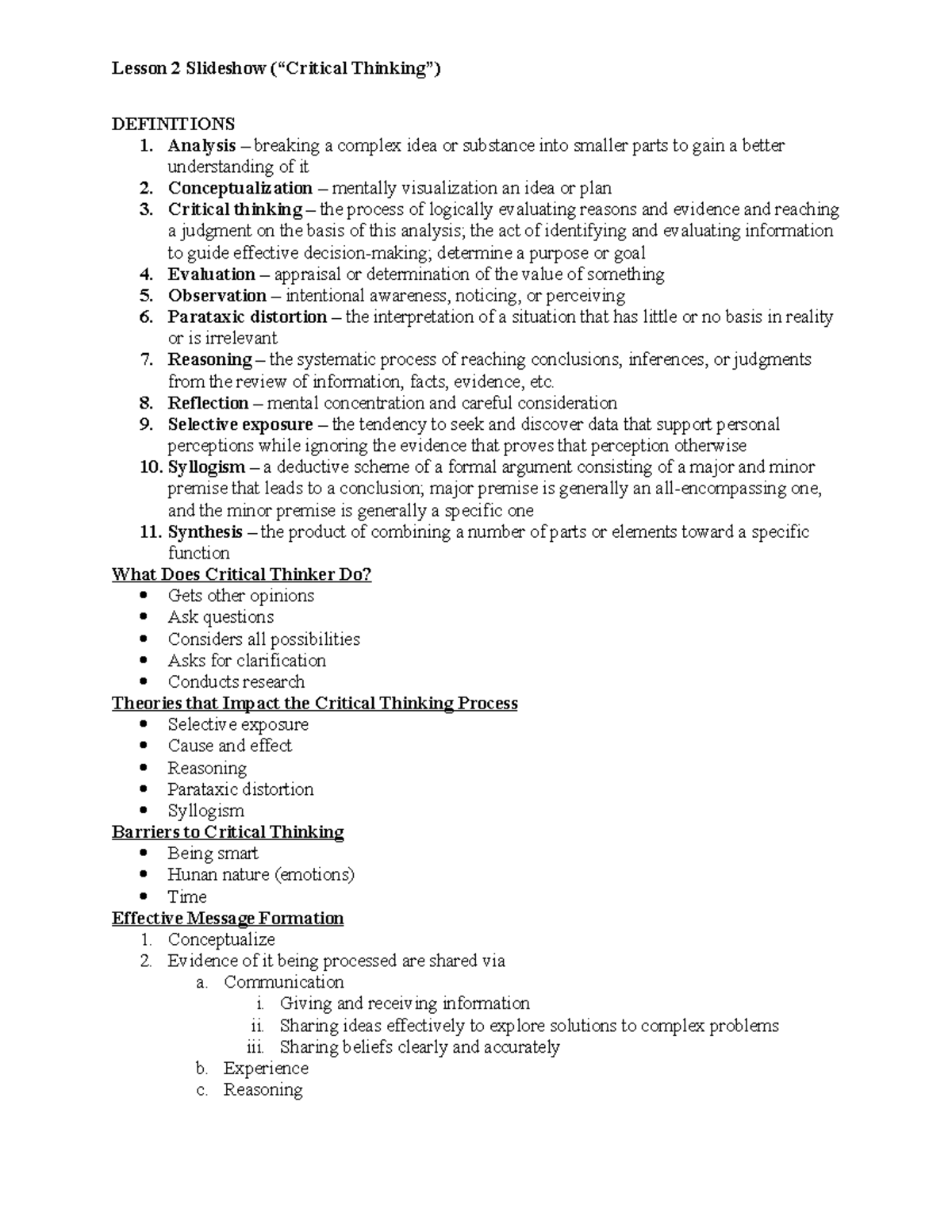 Lesson 2 slideshow critical thinking - Lesson 2 Slideshow DEFINITIONS 1 ...