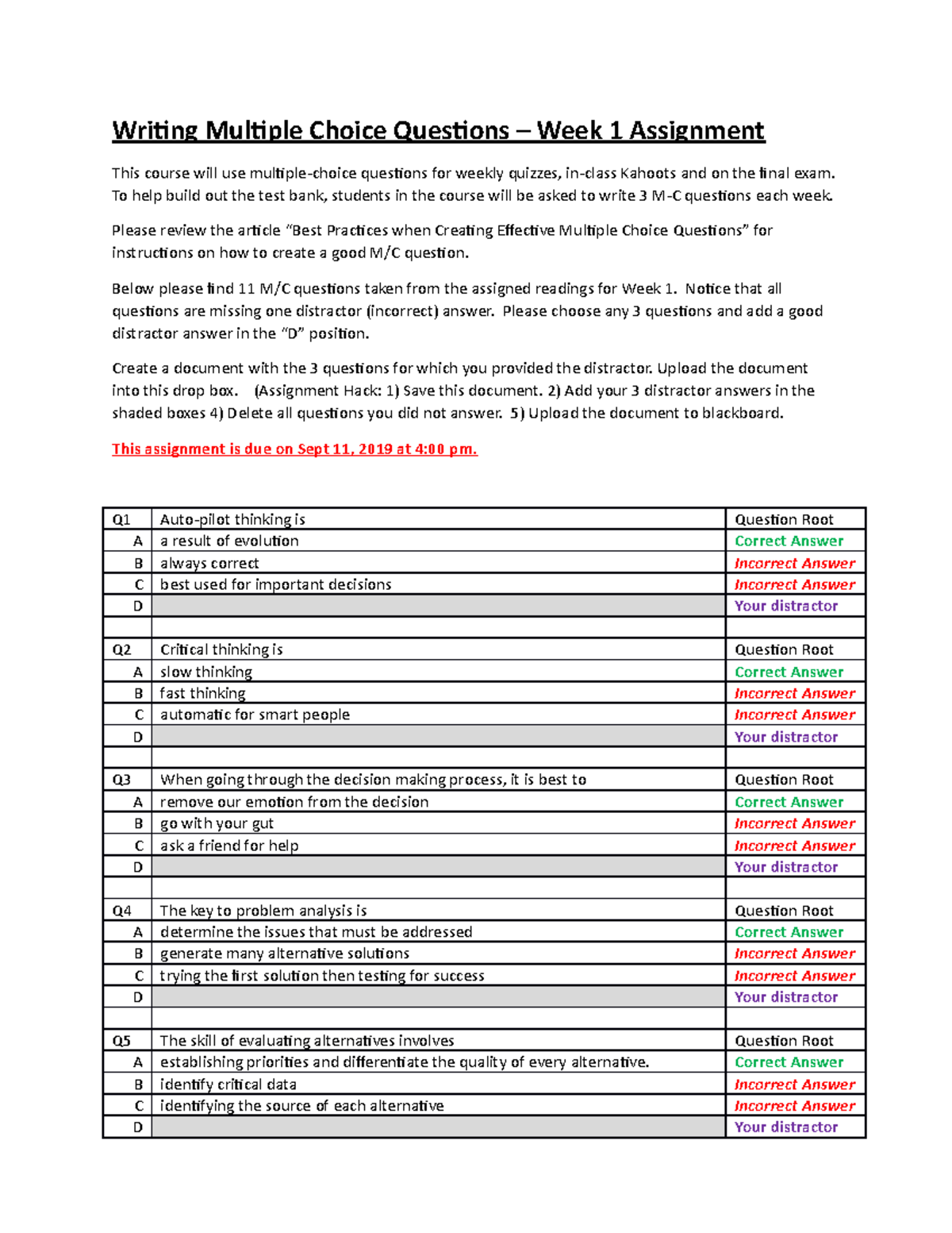 Week 1 M-C Questions: Assignment and Distractor Addition Instructions ...