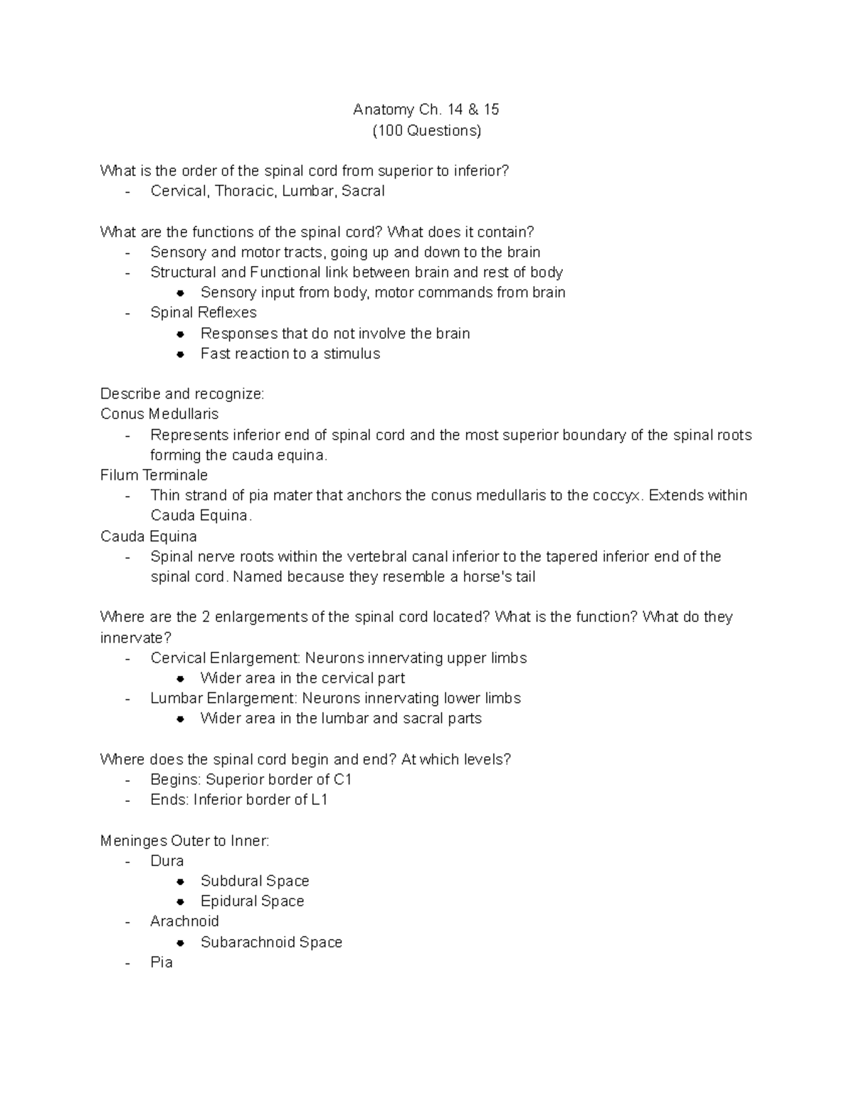 Anatomy Ch 14 & 15 Review: Key Concepts for Upcoming Test - Studocu