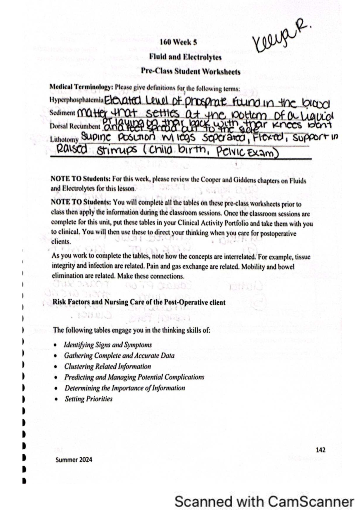 WK 5 160 - Fluid and Electrolytes Student Worksheets and Nursing Care ...