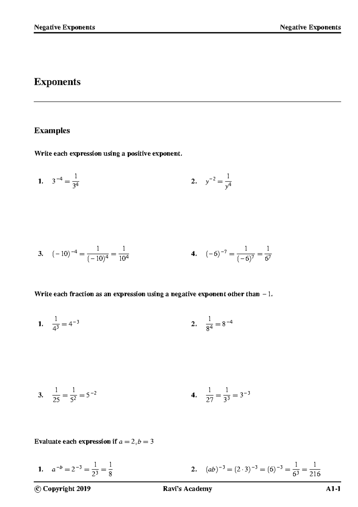 Negative Exponents - hhehrc - Exponents Examples Write each expression ...