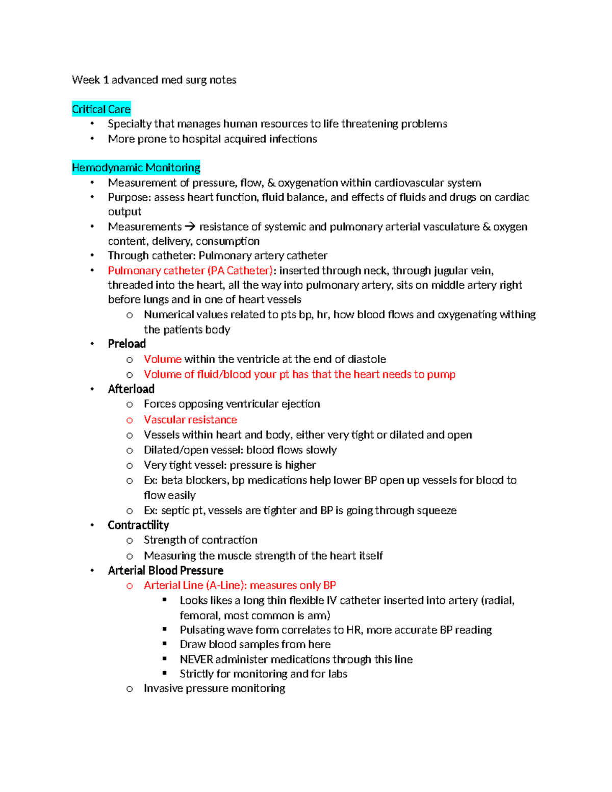 Week 1 Advanced Med-Surg Lecture Notes (Critical Care Focus) - Studocu