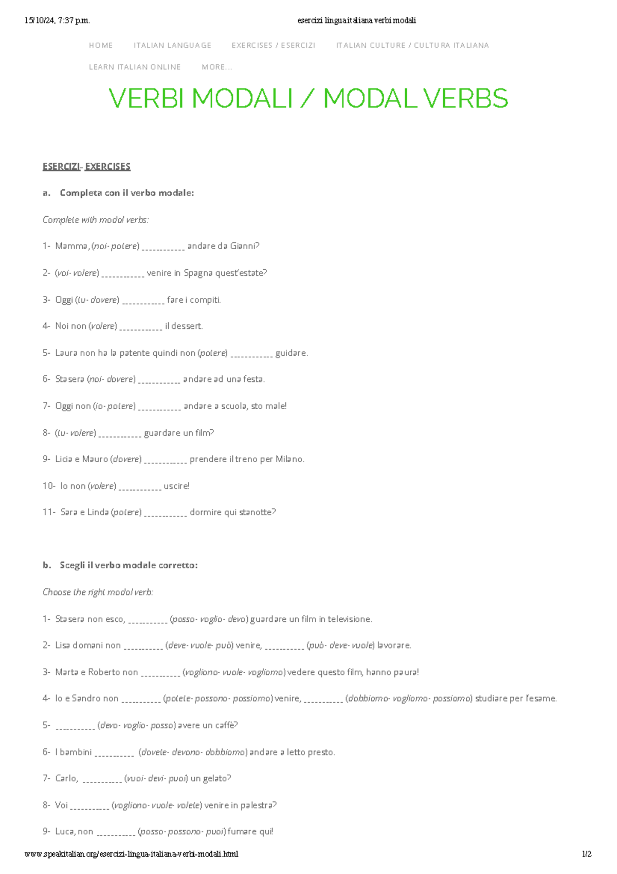 Esercizi lingua italiana verbi modali - VERBI MODALI / MODAL VERBS ...