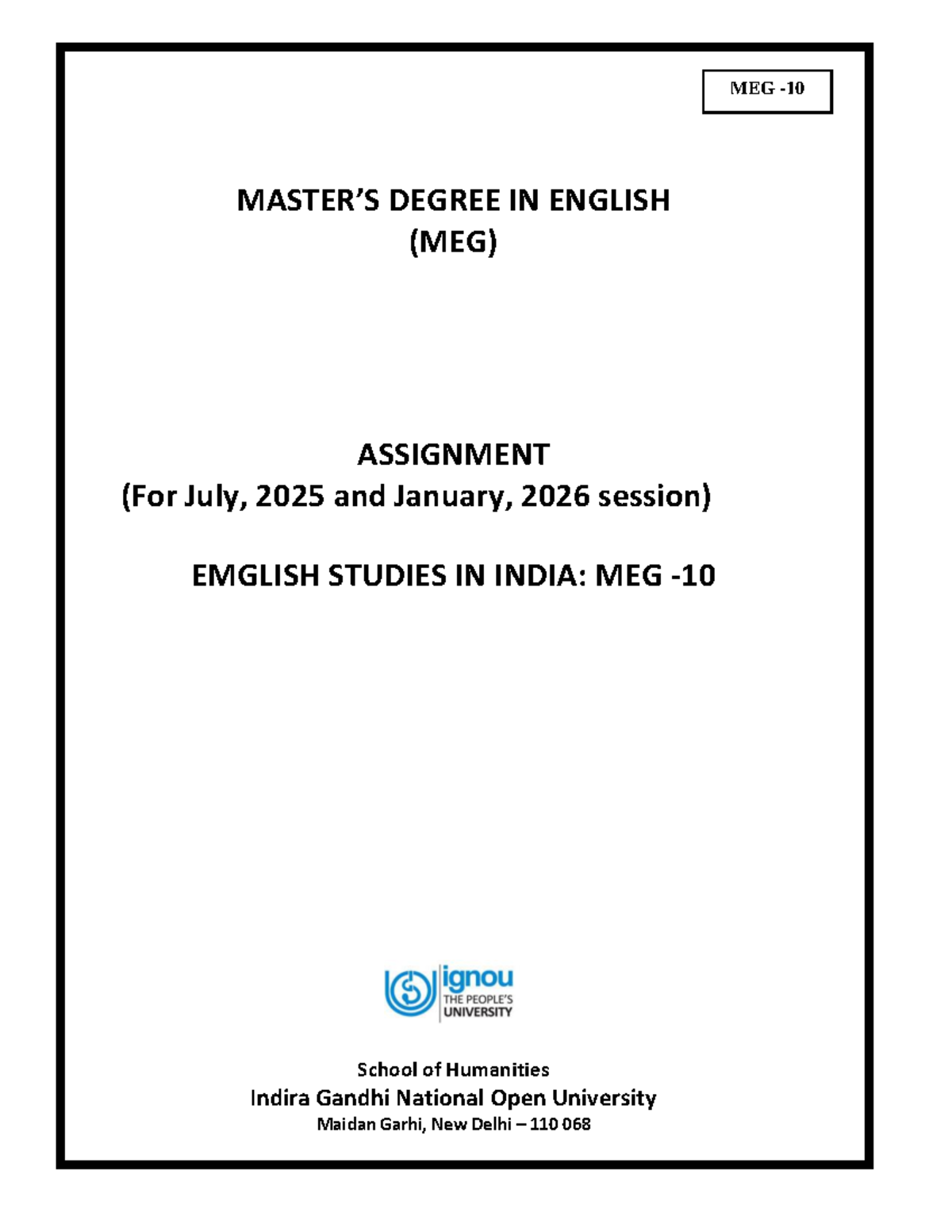 MEG 10 ASSIGNMENT: English Studies in India (2025-2026) - Studocu