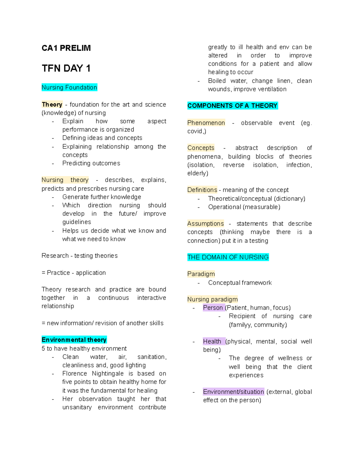 CA1 PRELIM TFN DAY 1: Nursing Theory Foundations and Concepts - Studocu