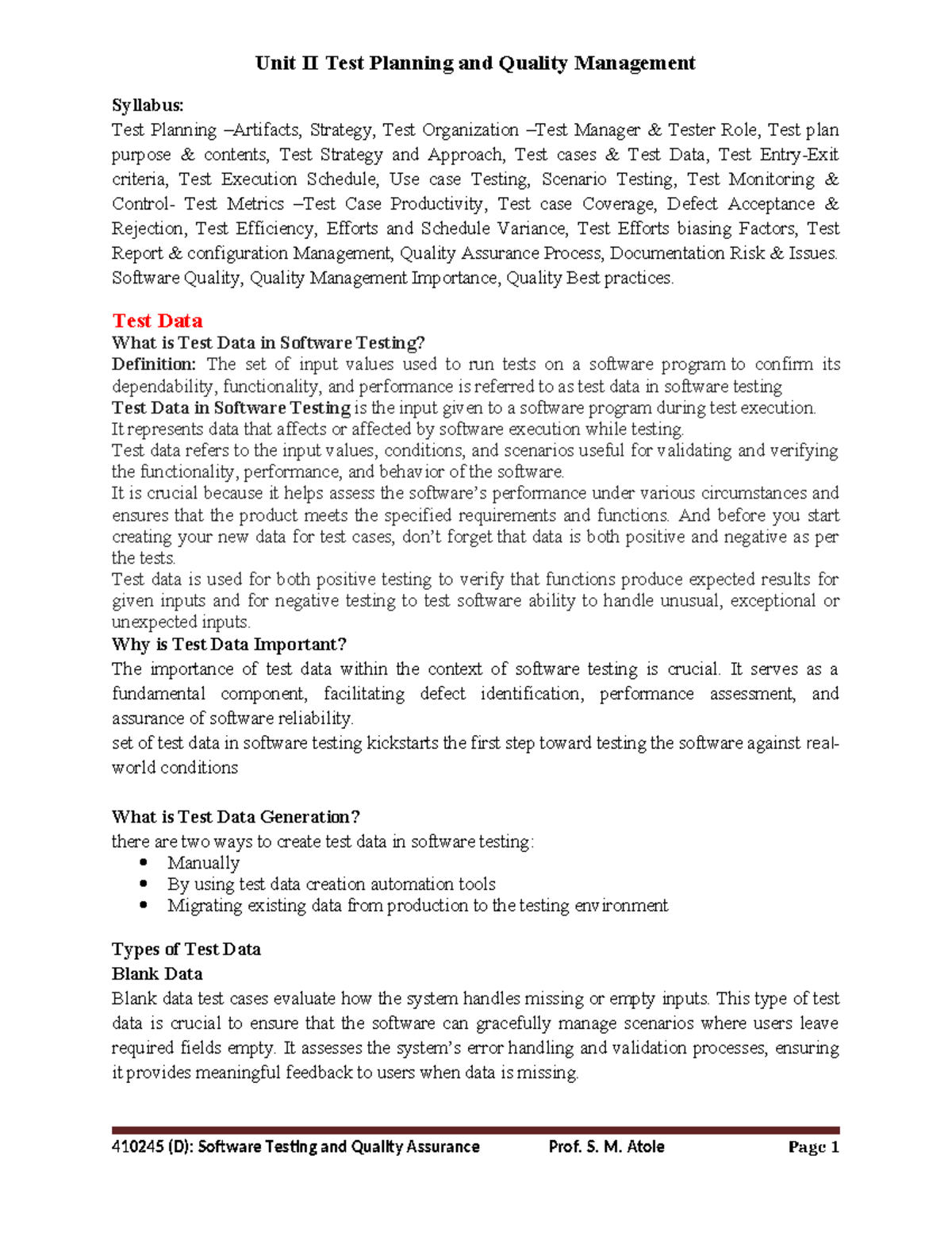 Lecture 4 Unit II Test Planning and Quality Management - Unit II Test ...