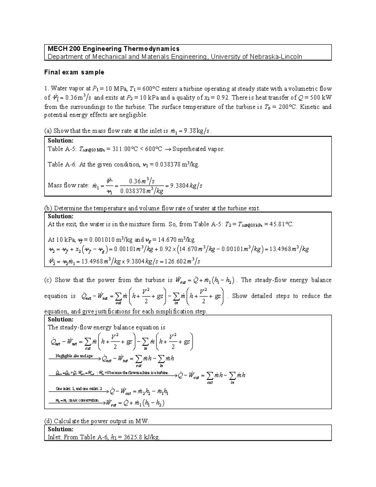 MECH 200 Final Exam Sample Solutions on Engineering Thermodynamics ...
