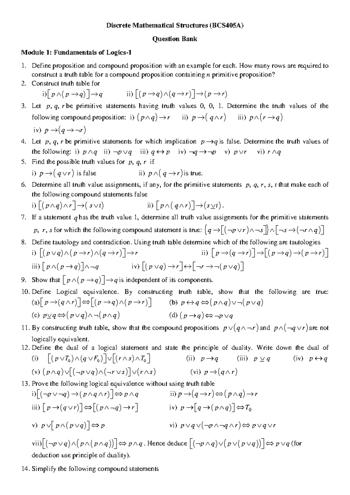 QB DMS (BCS405A) Module 1: Discrete Math Structures Question Bank - Studocu