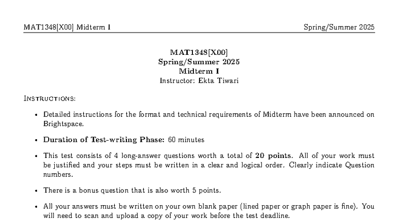 MAT1348 Midterm I 2025: Exam Instructions & Problem Set - Studocu