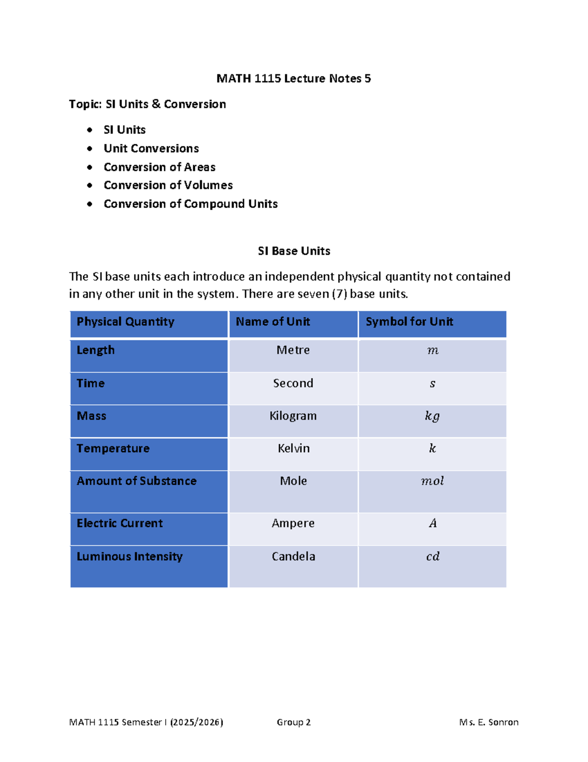 MATH 1115 Lecture Notes: SI Units & Conversion Techniques - Studocu