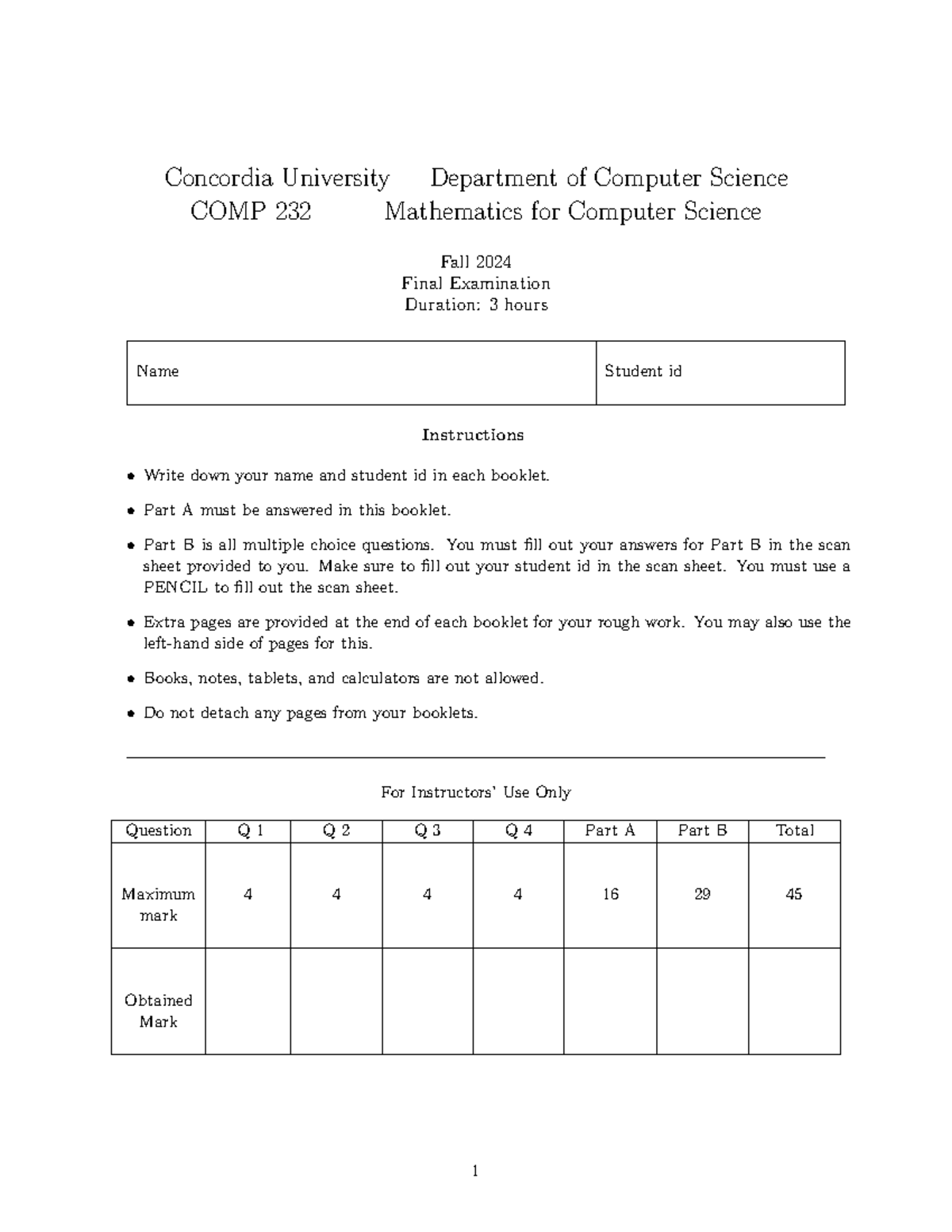 COMP 232 Fall 2024 Final Exam Coverpage and Instructions - Studocu