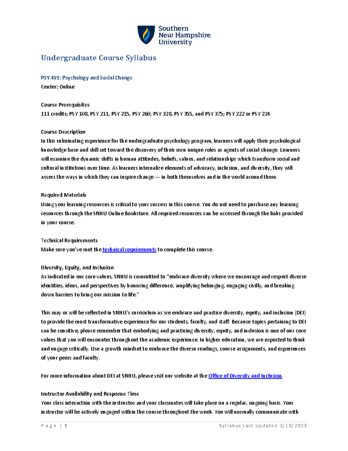 PSY-491: Syllabus for Psychology and Social Change Course - Studocu