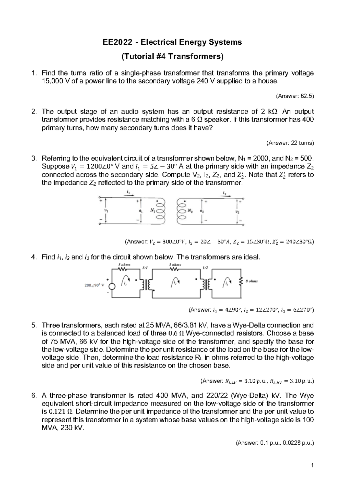 EE2022 Tutorial 4 - Transformers: Key Concepts & Solutions - Studocu