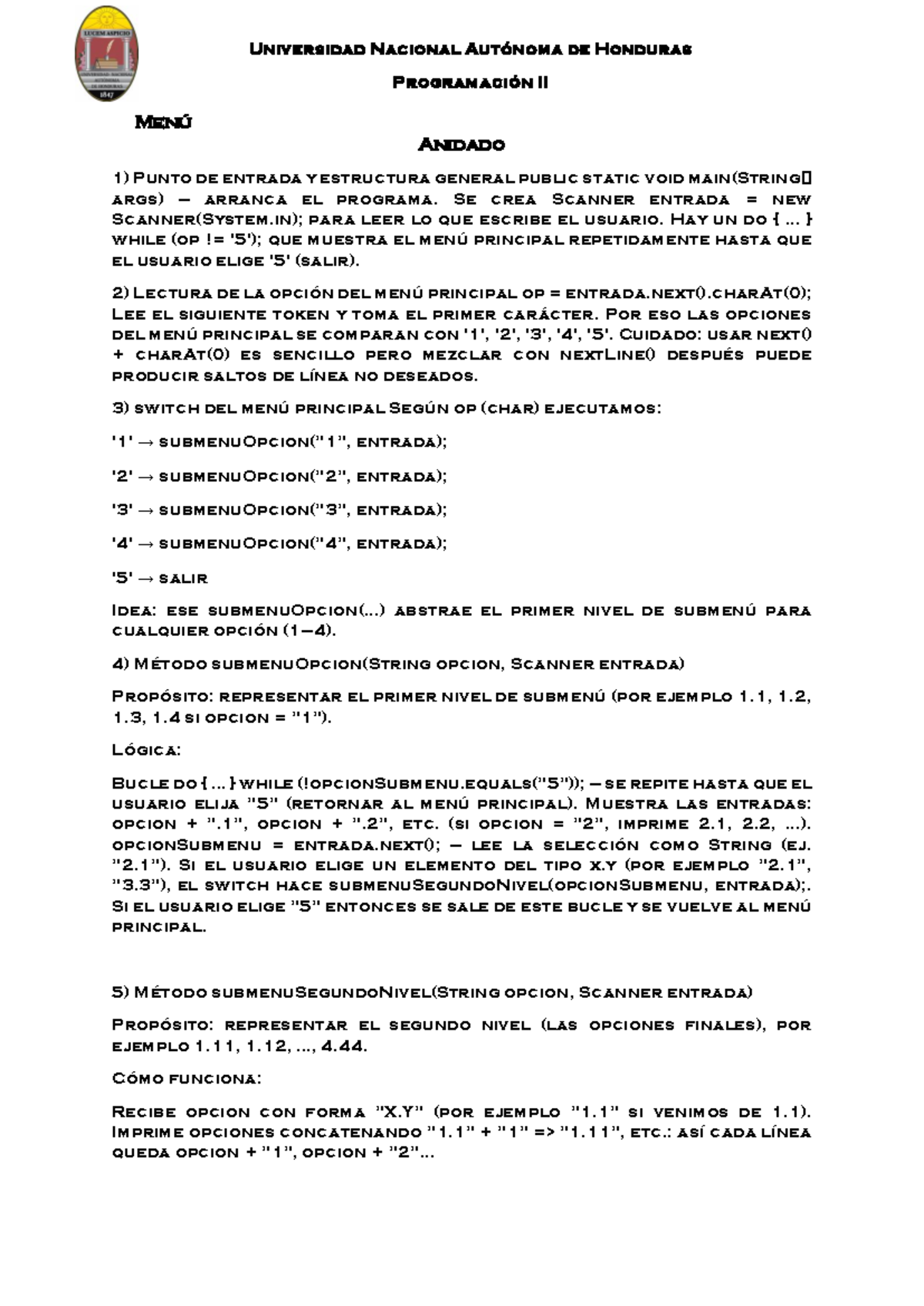 Menú Anidado en Programación II - Universidad Nacional Autónoma de ...