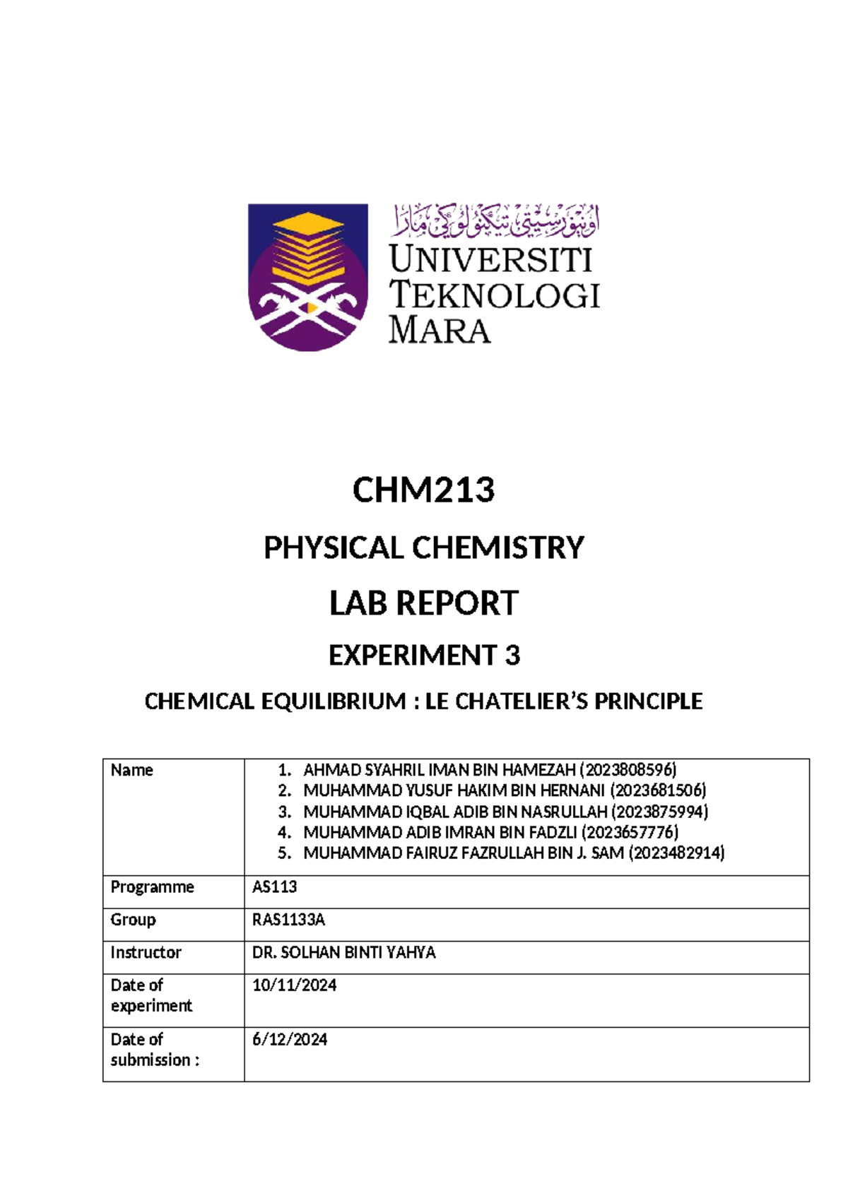 Chm213 physical chemistry lab report: Experiment 3 - Chemical ...