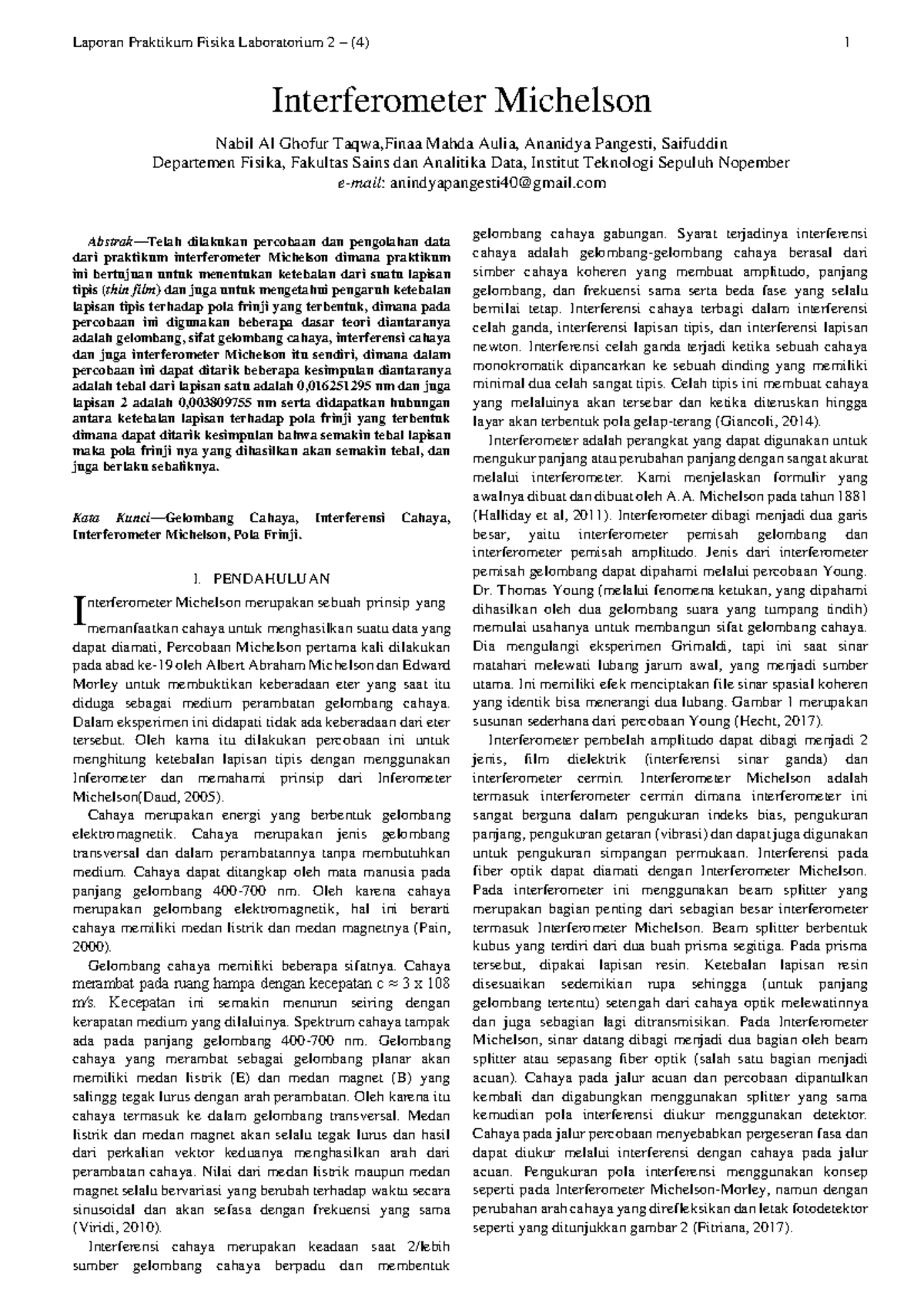 Laporan Praktikum Fisika Lab 2 - Interferometer Michelson 3 - Studocu
