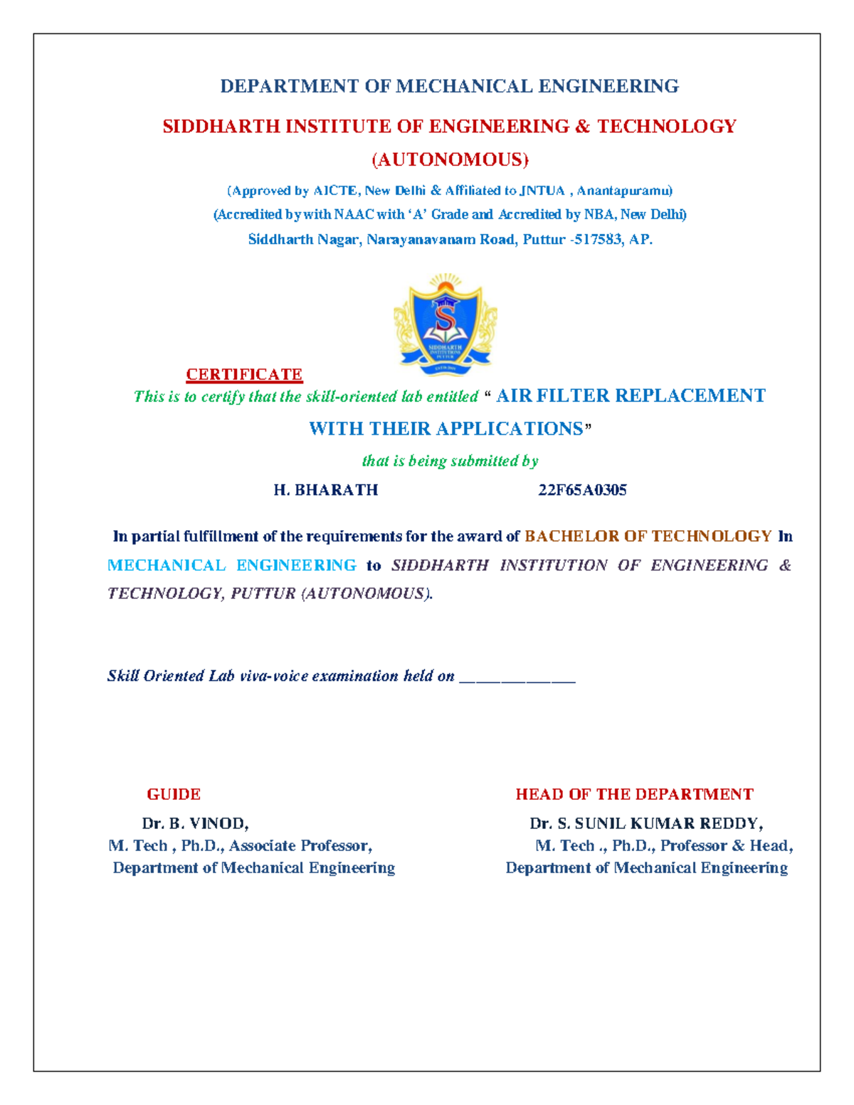 Automobile LAB Report - DEPARTMENT OF MECHANICAL ENGINEERING SIDDHARTH ...