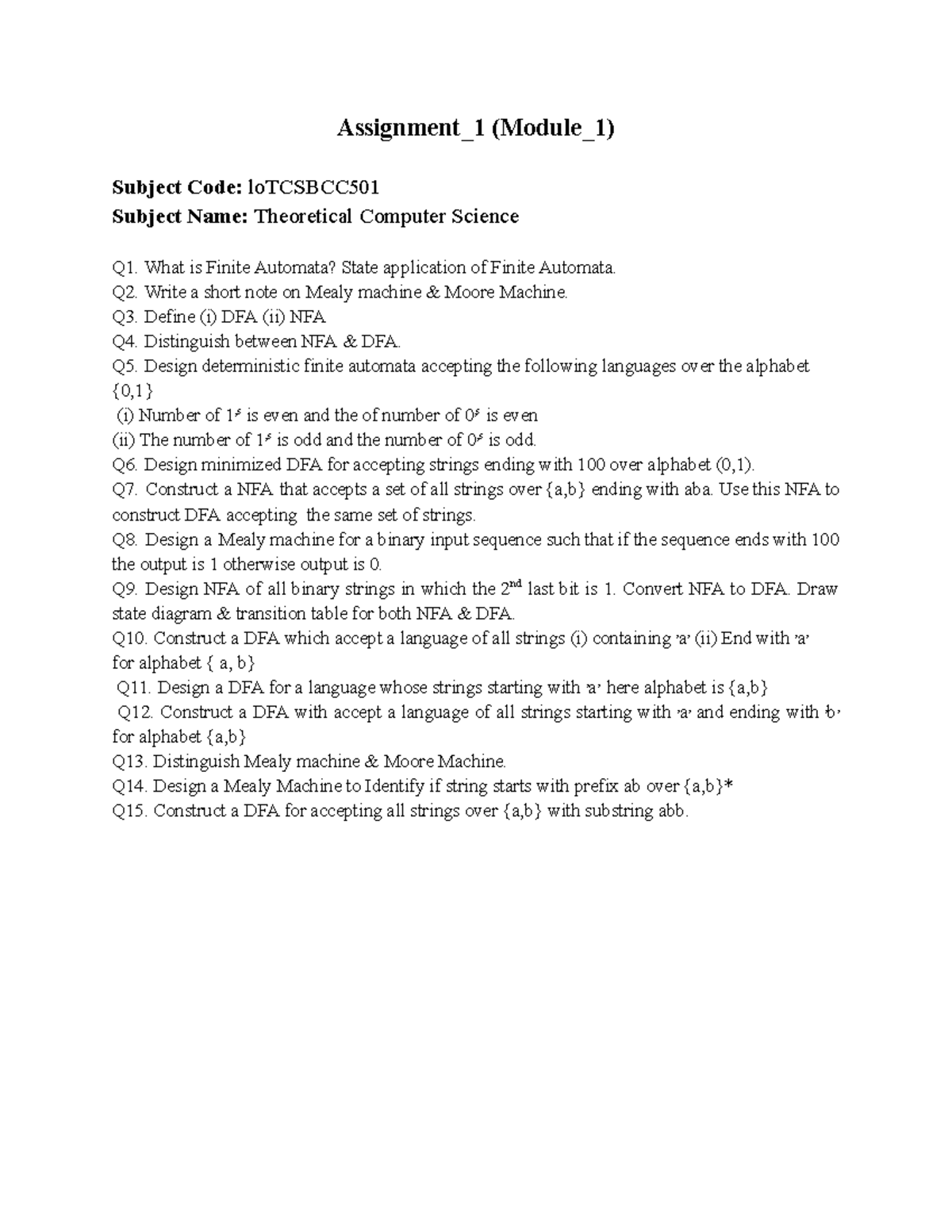 Theoretical Computer Science Assignment 1 (Module 1) - Finite Automata ...