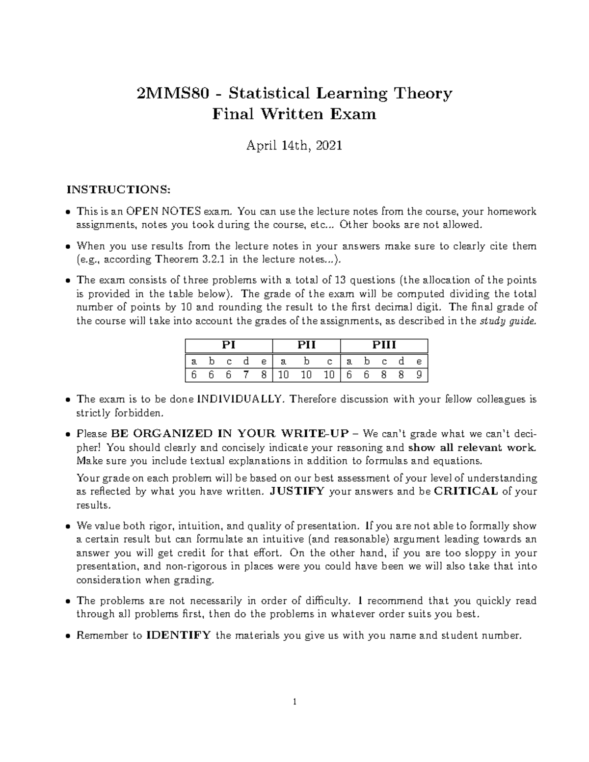 2MMS80 Final Exam Study Guide - Statistical Learning Theory, April 2021 ...