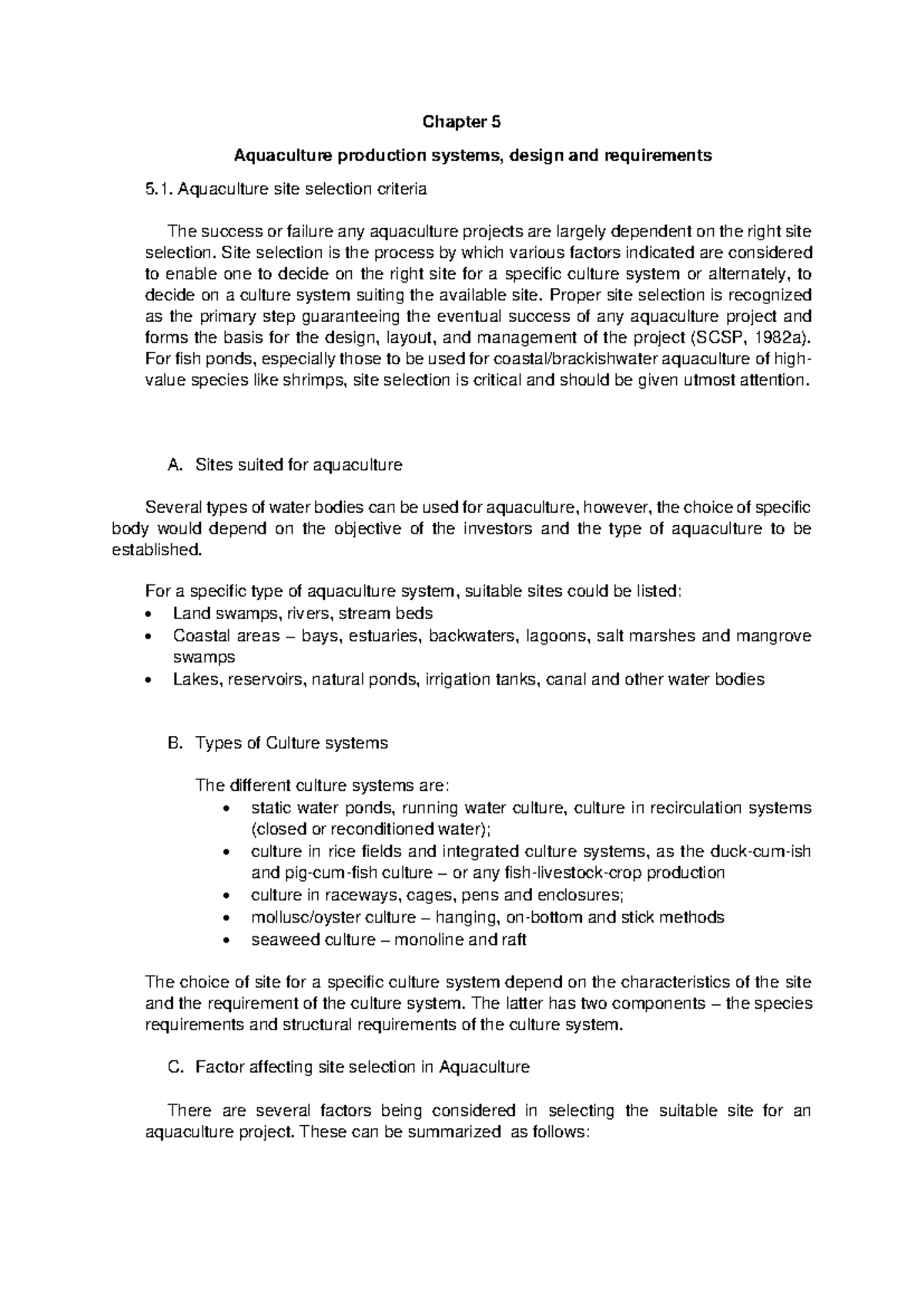 Chapter 5: Aquaculture Production Systems & Site Selection Criteria ...