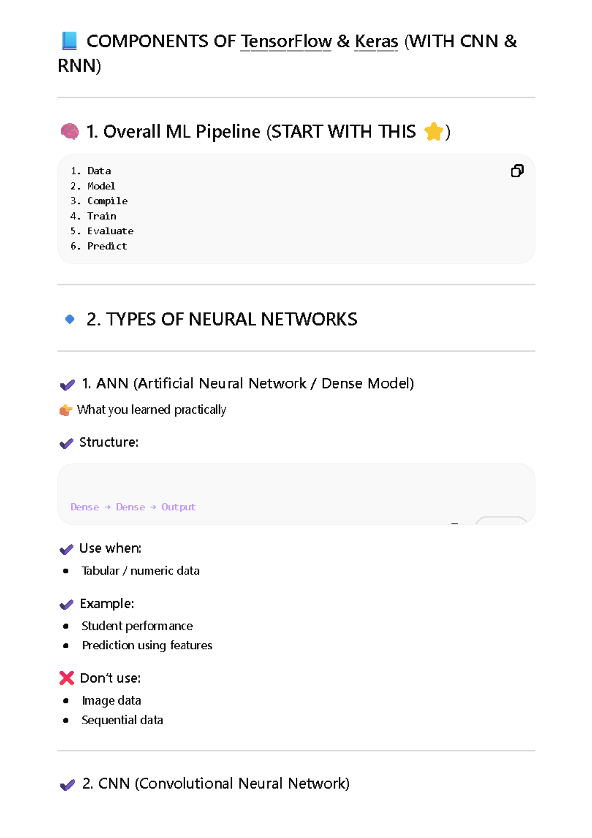 TensorFlow & Keras Reference: ML Pipeline, CNN, RNN, and Example - Studocu