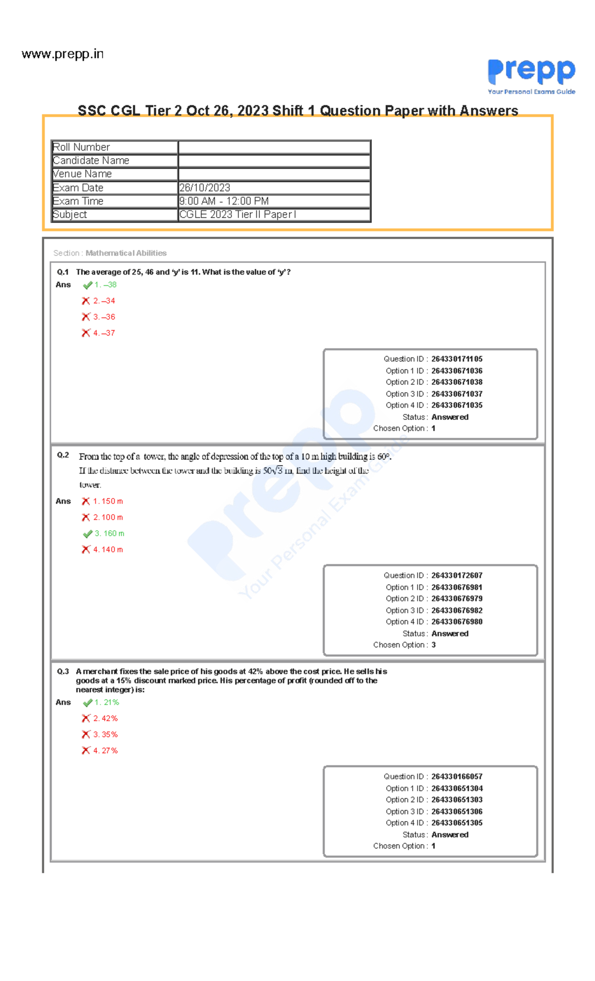 SSC CGL Tier 2 Oct 26, 2023 Shift 1 Question Paper & Answers - Studocu