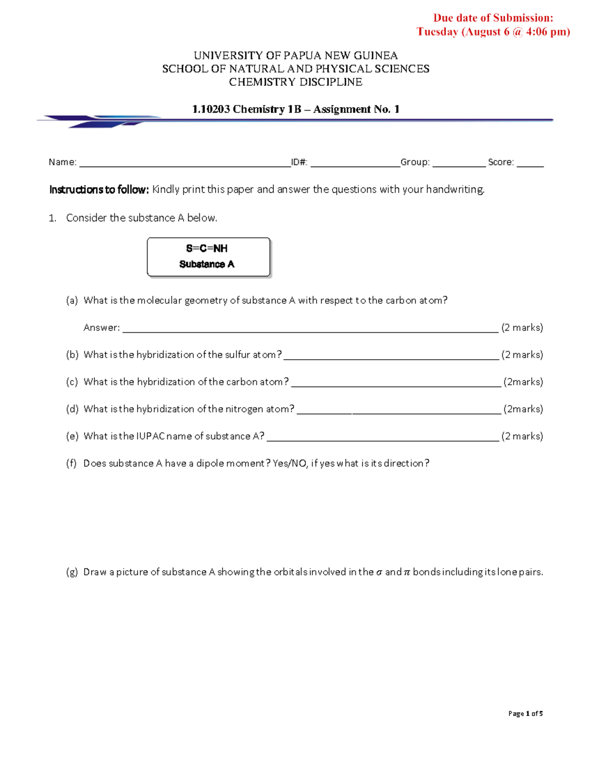 Chem 1B Assignment 1 205ed19b9a74f14d649bafbc 9e01a7bd - UNIVERSITY OF ...