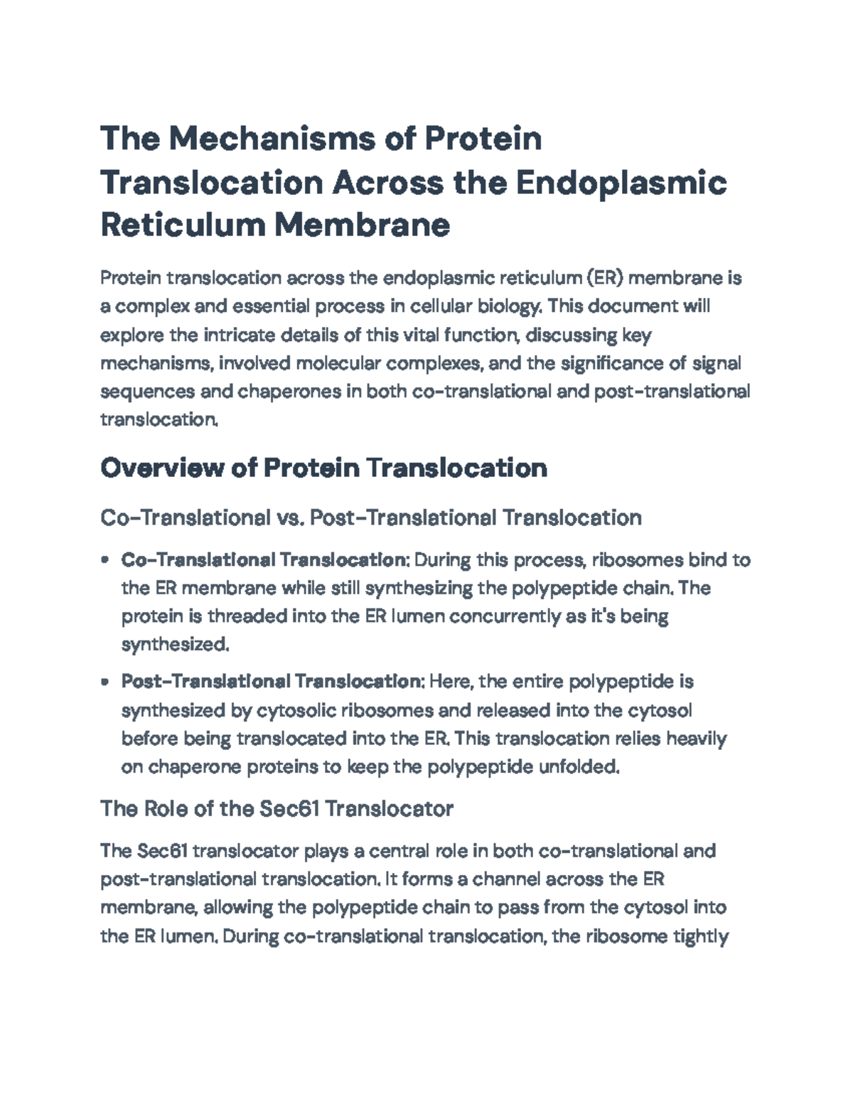 Mechanisms of Protein Translocation in the Endoplasmic Reticulum - The ...