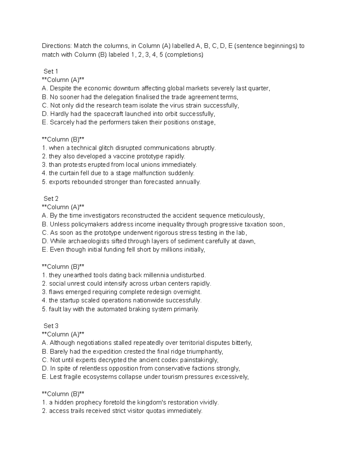 Columns: Sentence Completion Exercise - Set 1 to Set 12 - Studocu