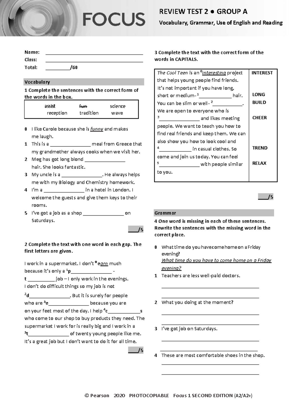 Focus 1 2E Review Test 2: Vocabulary, Grammar, and Reading - Group A ...