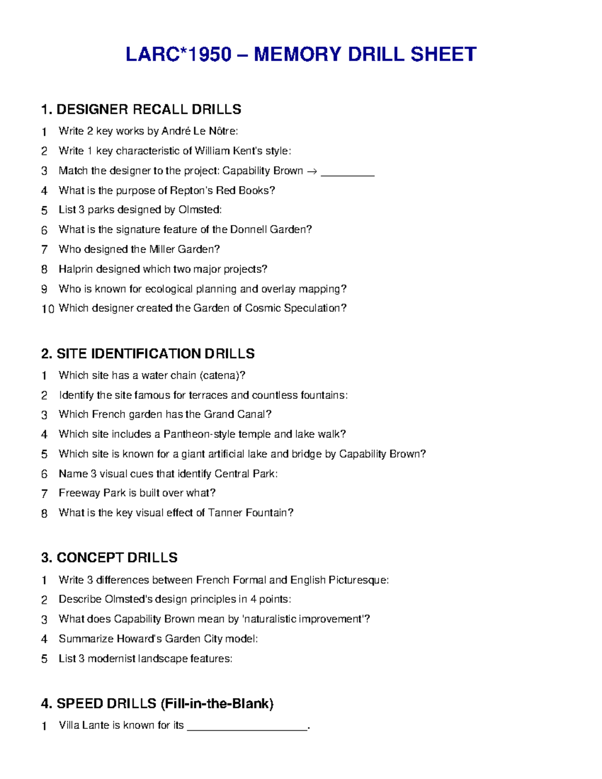 LARC1950 Memory Drill Sheet: Designer & Site Identification Drills ...