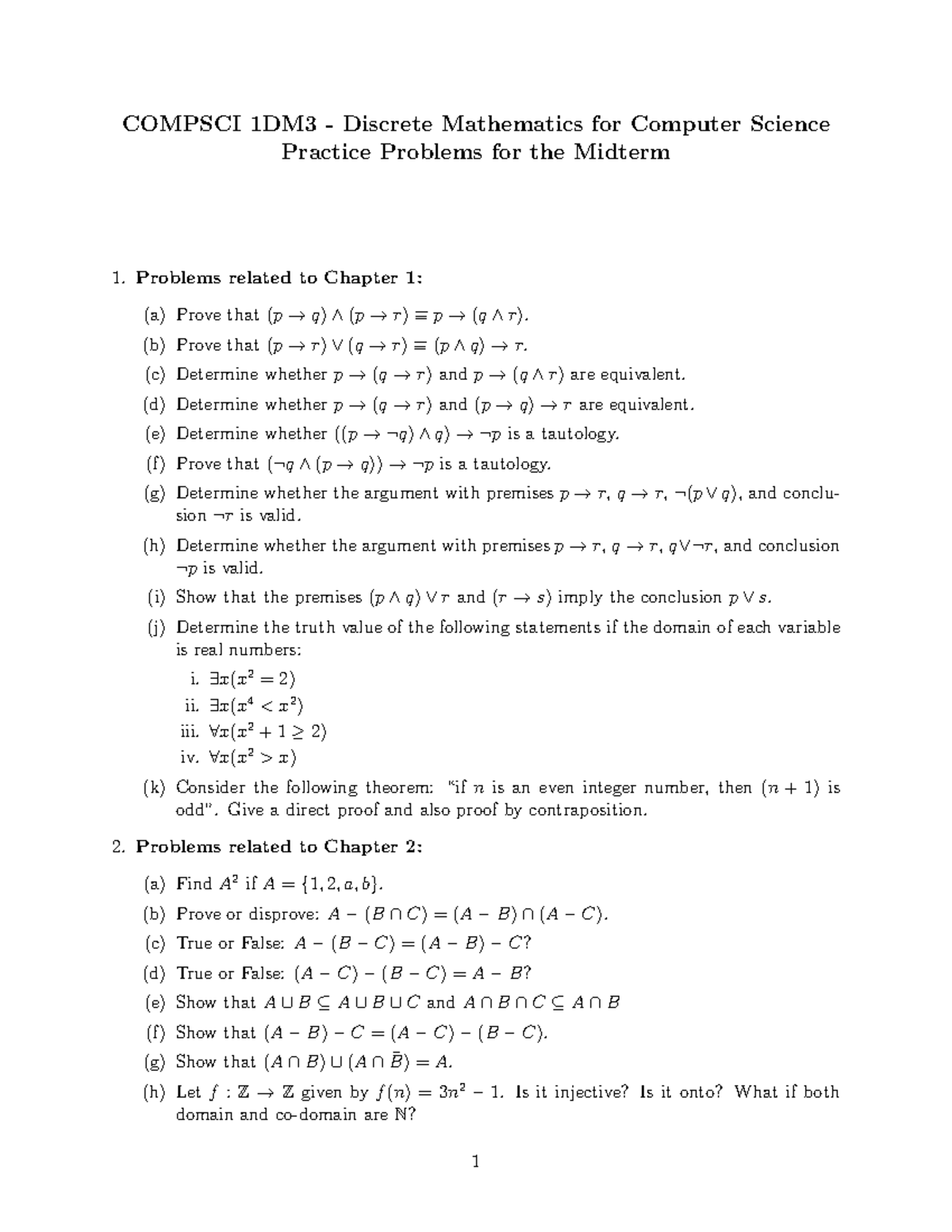 COMPSCI 1DM3 Midterm Practice Problems for Discrete Mathematics - Studocu