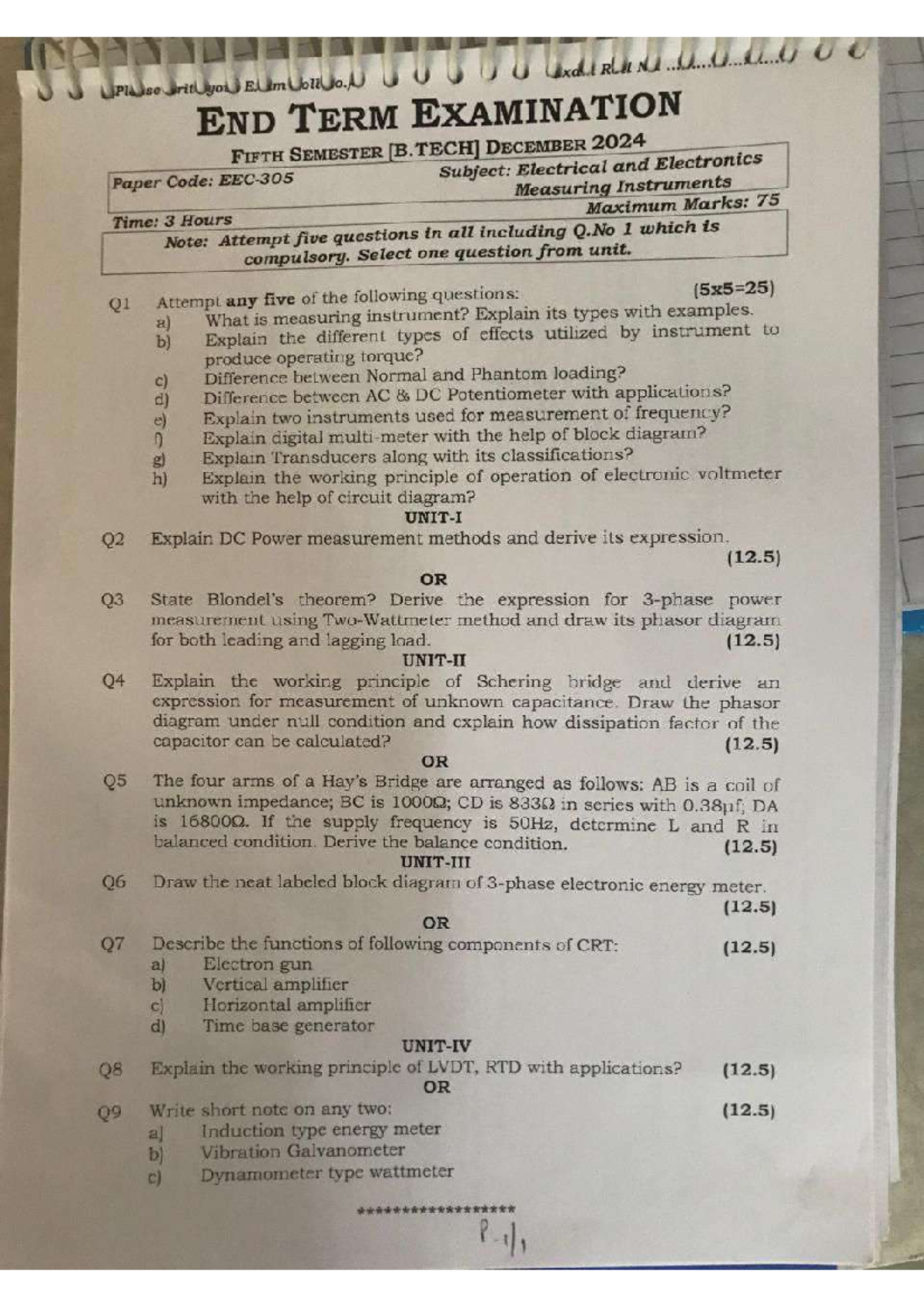 End Term Exam: Electrical & Electronics Measuring Instruments (EE 2024 ...