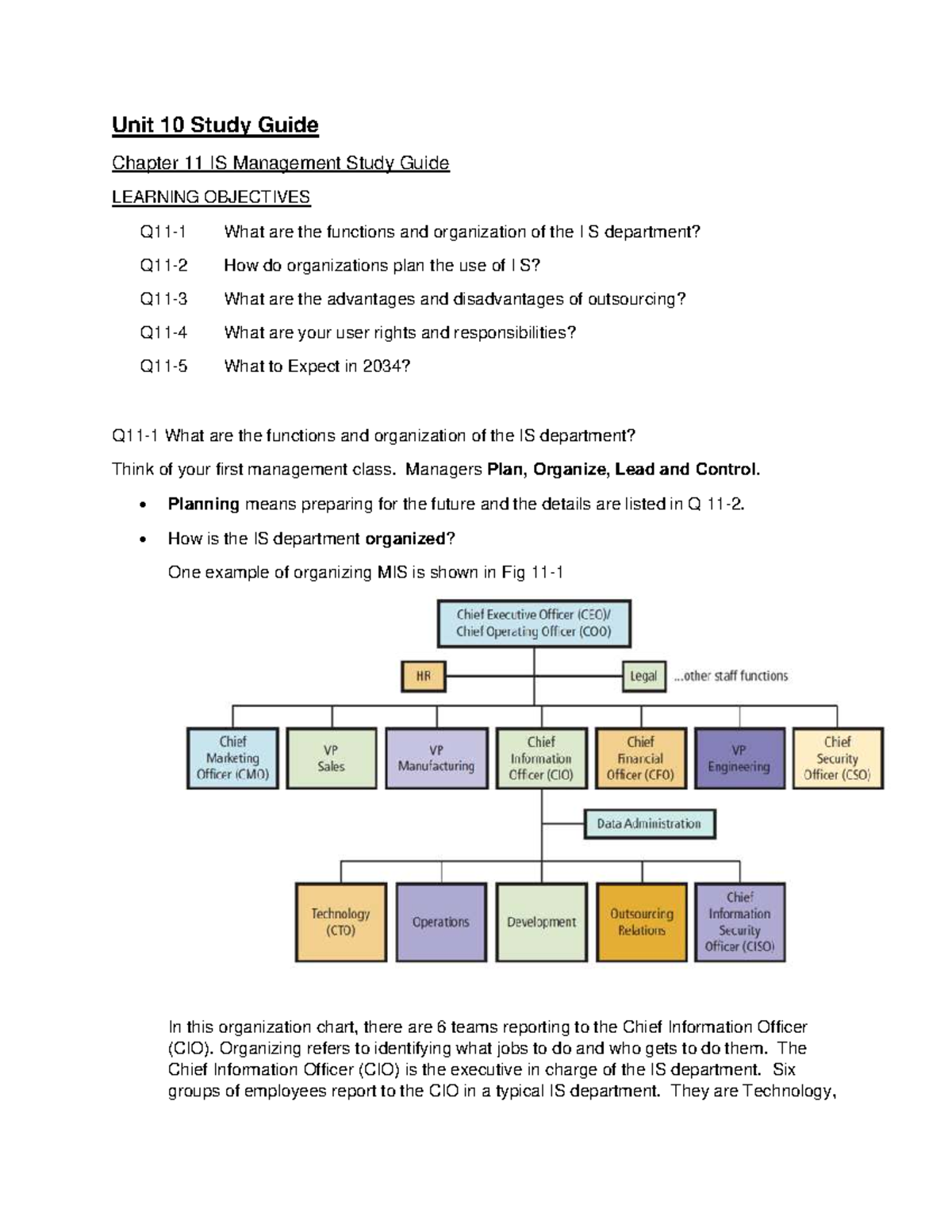 Unit 10 Study Guide: Chapter 11 IS Management Overview and Key Concepts ...