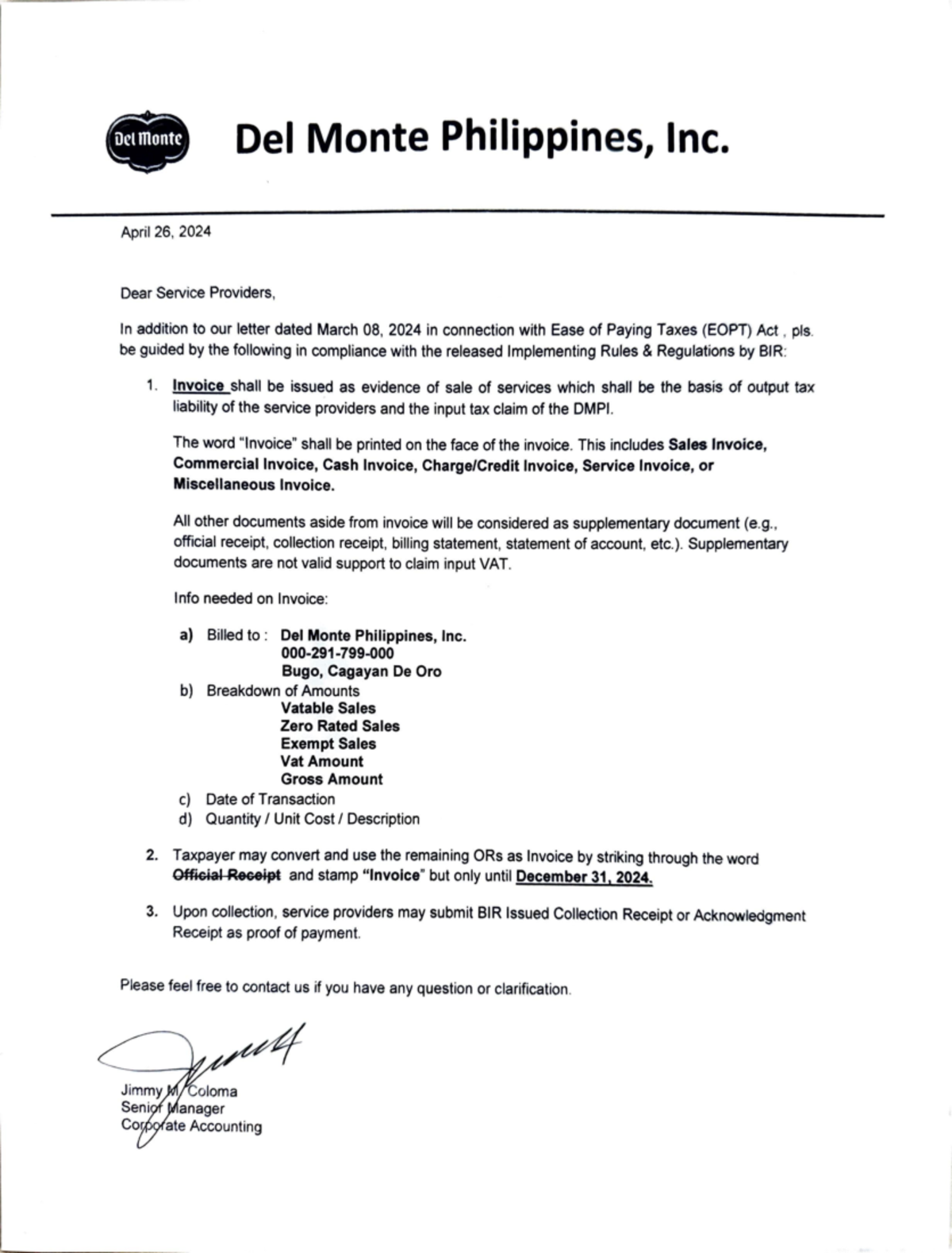 Letters to Service Providers on EOPT Act Compliance - SP APR 2024 - Studocu