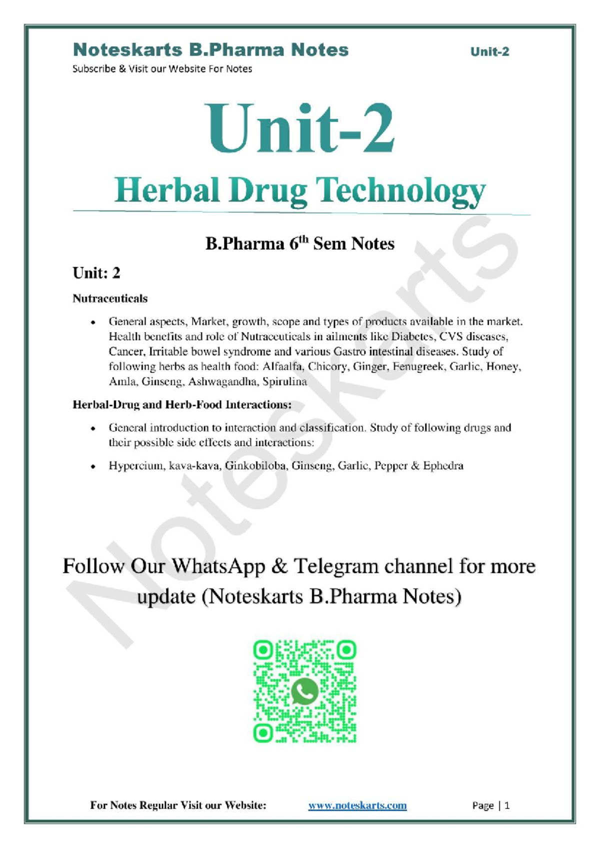 B.Pharma Unit 2 Notes: Nutraceuticals & Herbal Drug Technology Exam ...