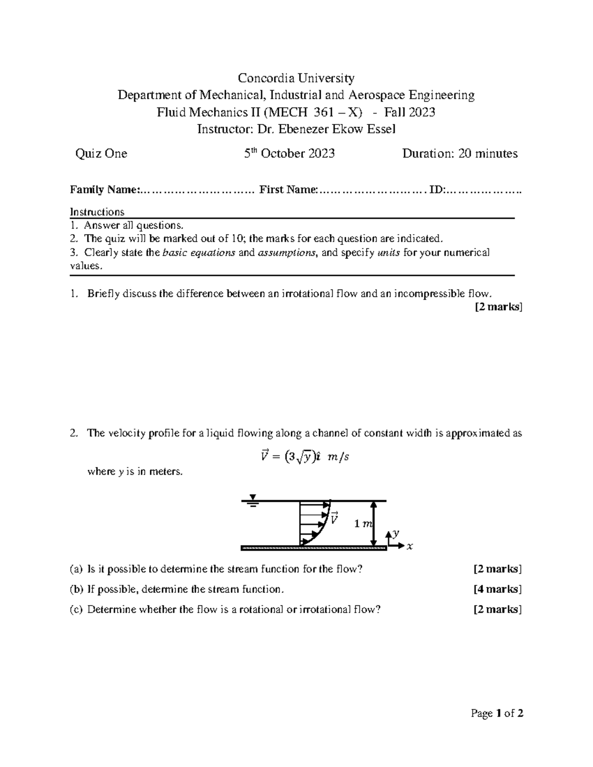 Quiz 1: Fluid Mechanics II MECH 361 - Fall 2023 - Studocu