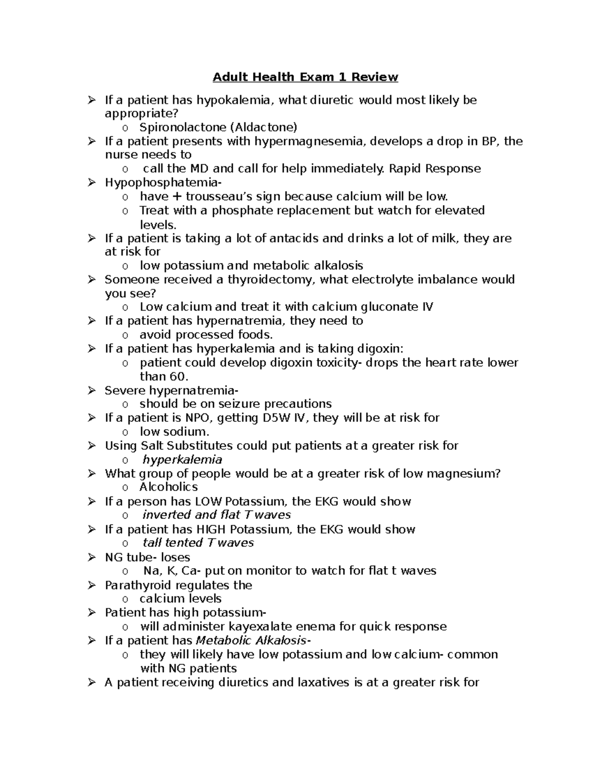 Adult Health Exam Review: Key Concepts for Final Exam Success - Studocu