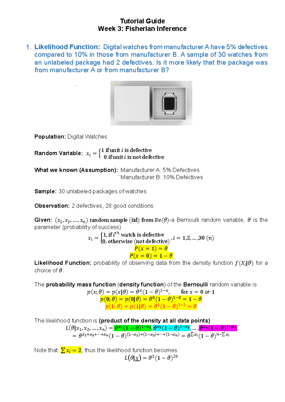 Tutorial Guide Week 3: Fisherian Inference & Likelihood Functions - Studocu