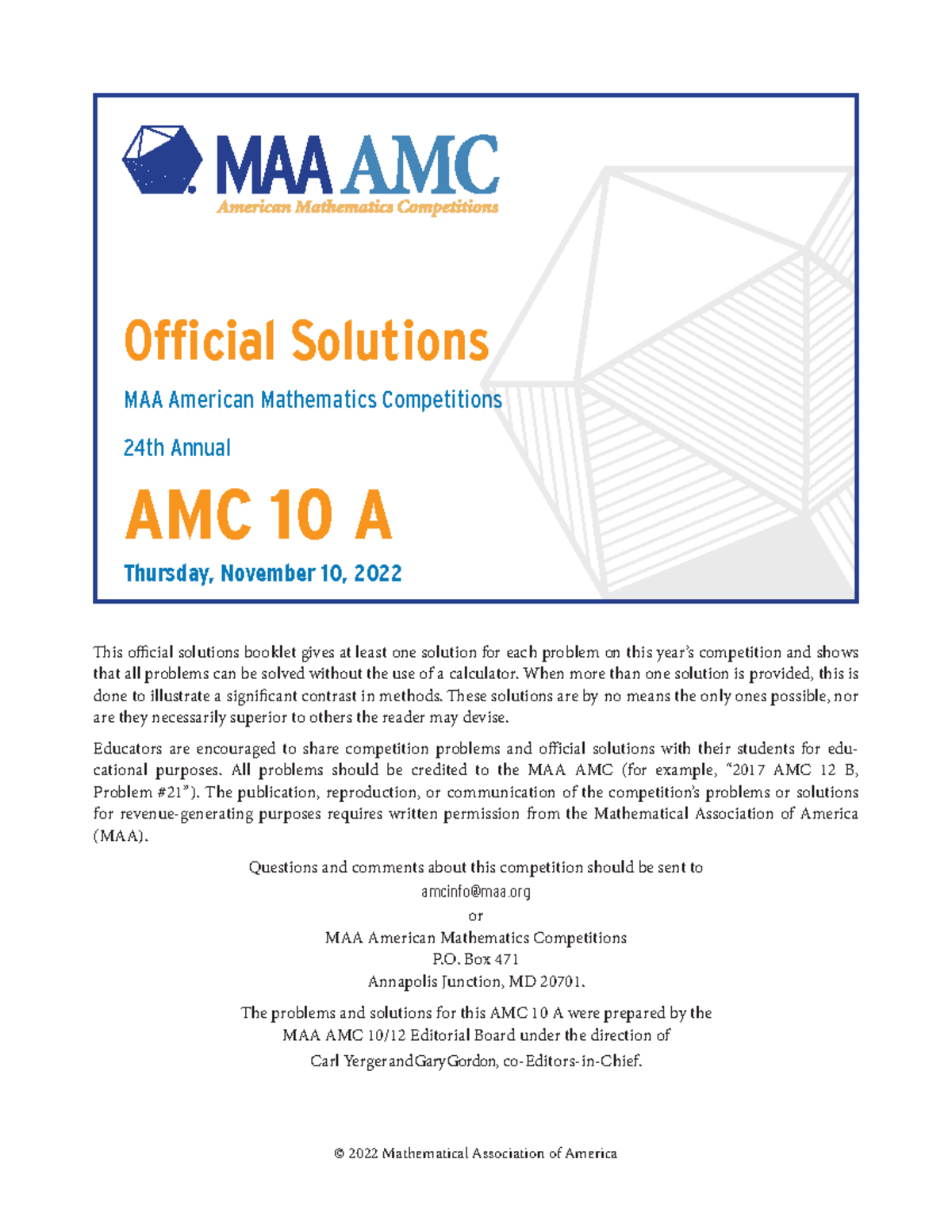 AMC 10A 2022 Official Solutions and Explanations - Studocu